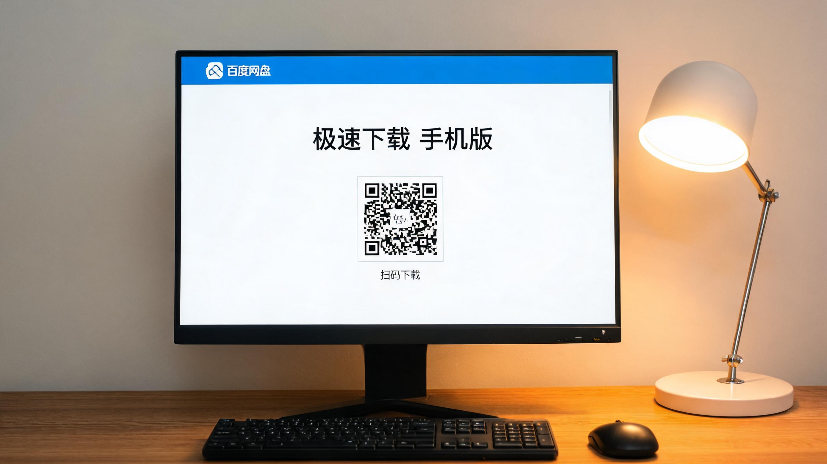 电脑桌上的电脑，屏幕显示百度网盘极速下载手机版界面，旁边放着台灯