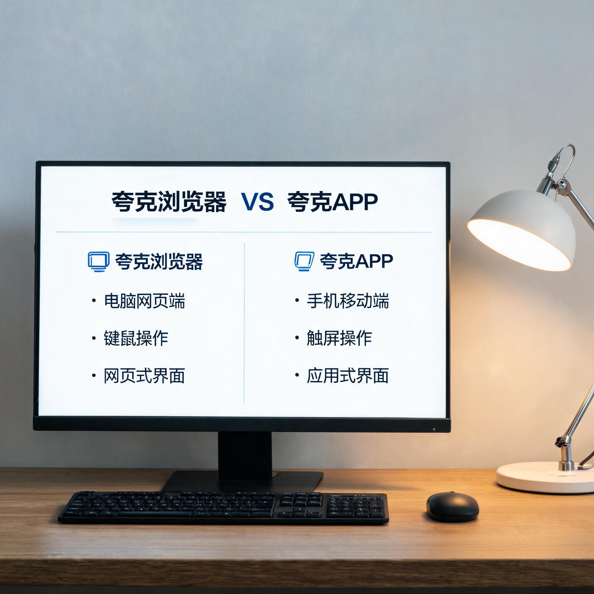 电脑桌上的电脑，屏幕显示夸克浏览器和夸克 APP 区别界面，旁边放着台灯