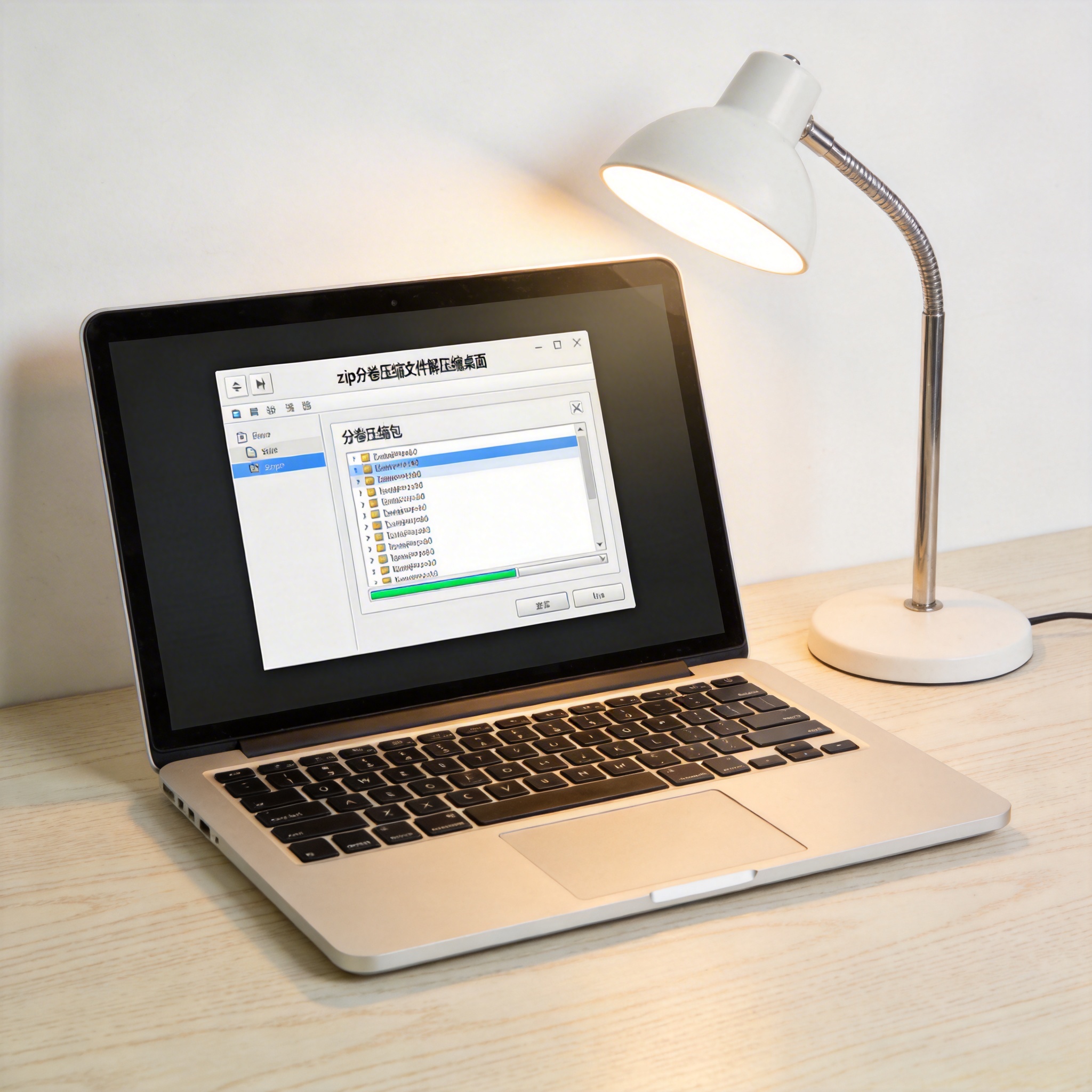 电脑桌上的电脑，屏幕显示zip 分卷压缩文件解压缩桌面，旁边放着台灯