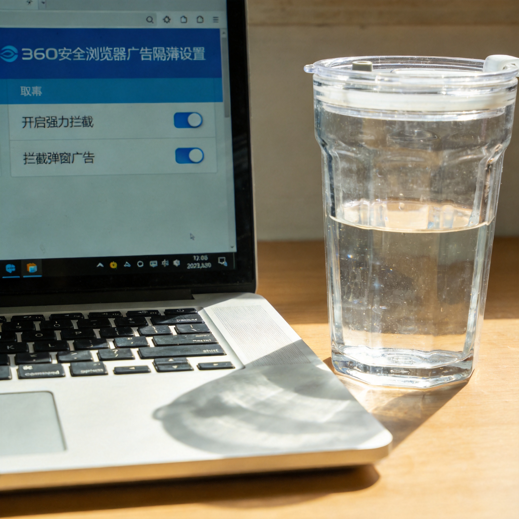 电脑屏幕显示360安全浏览器广告拦截设置页，有“开启强力拦截”“拦截弹窗广告”等开关选项，旁边放着塑料水杯
