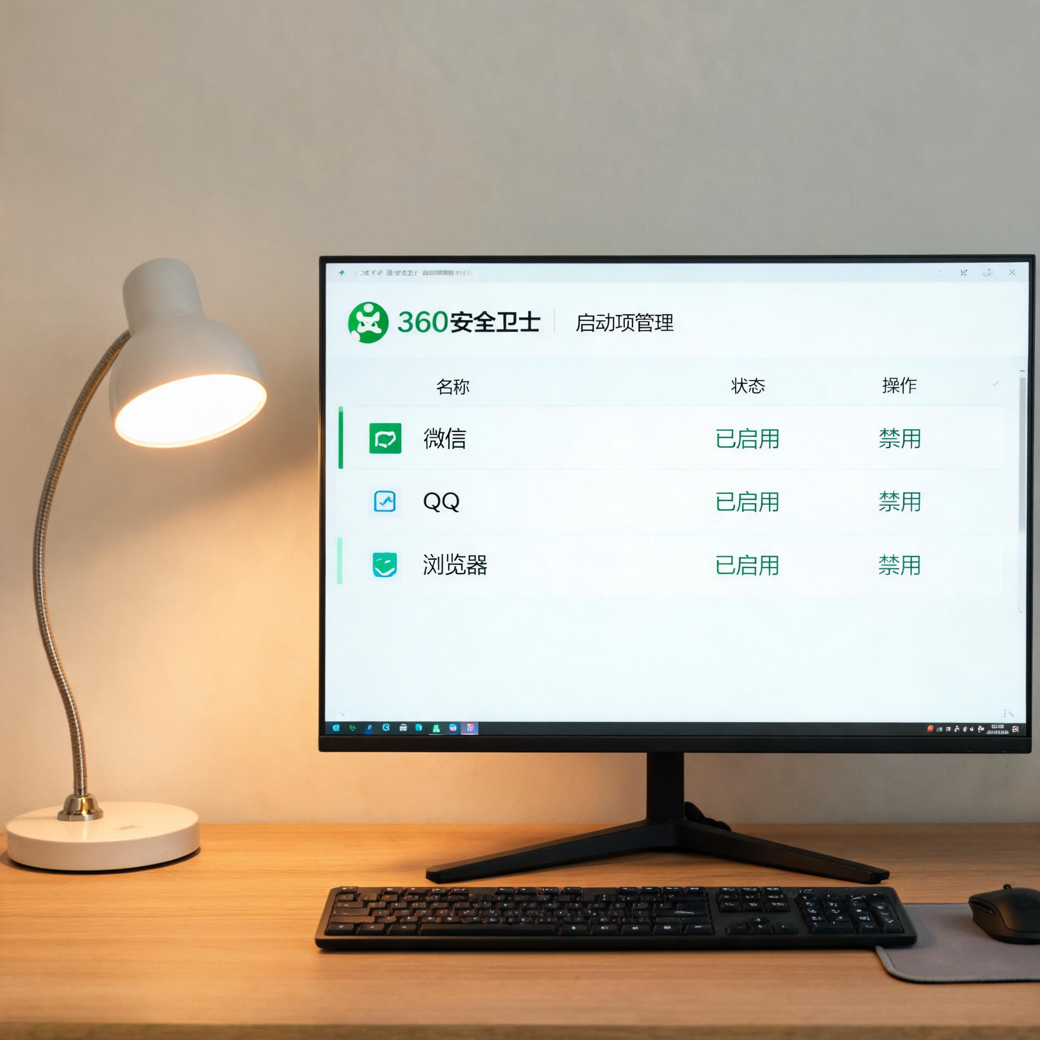 电脑桌上的电脑，屏幕显示360 卫士启动项管理桌面，旁边放着台灯