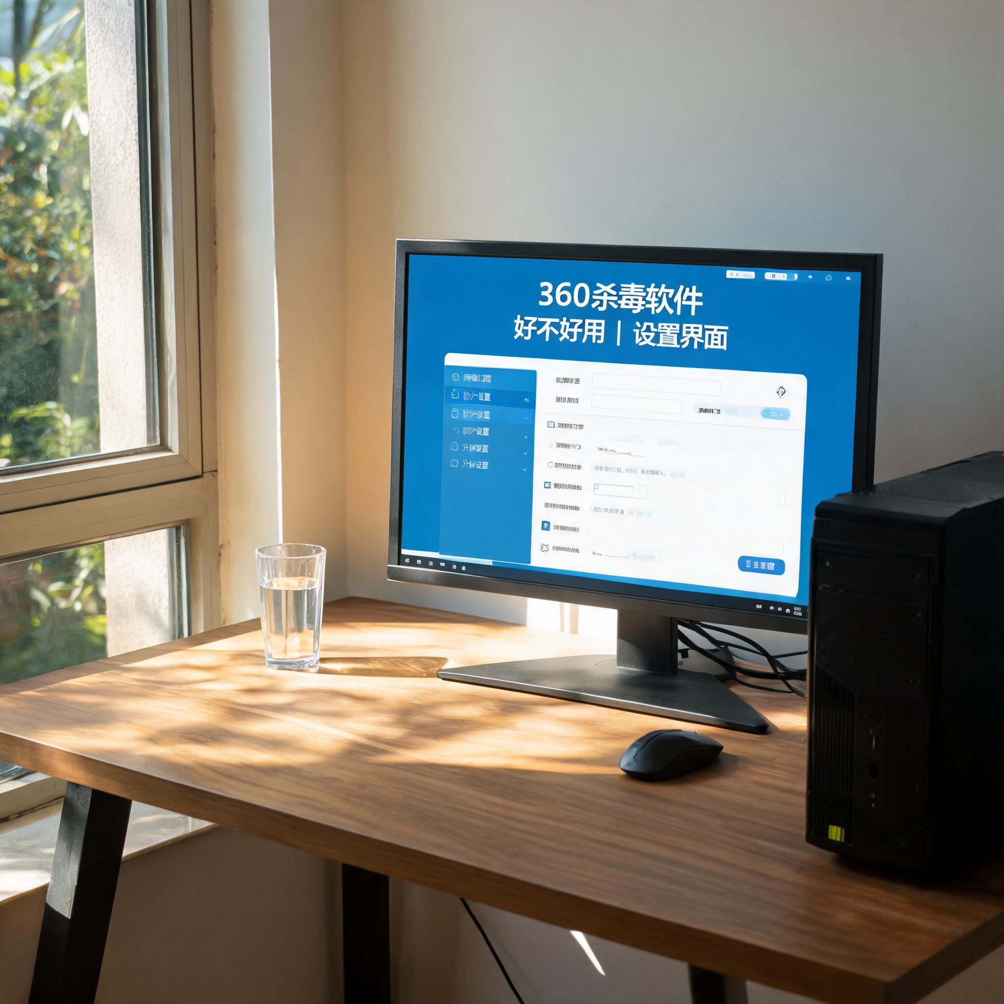 书桌上的主机，屏幕显示360 杀毒软件好不好用设置界面，桌角放着水杯，自然光