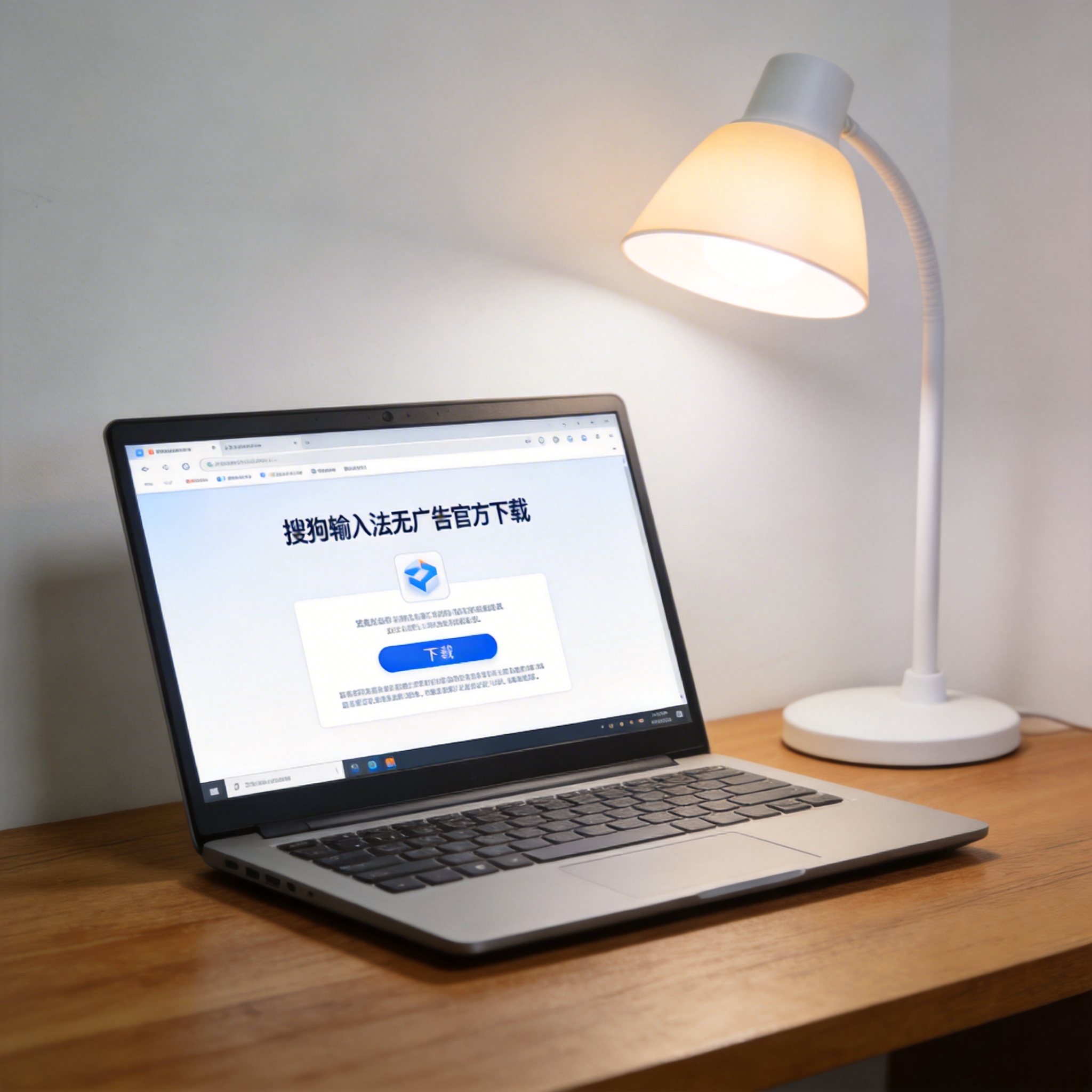 电脑桌上的电脑，屏幕显示搜狗输入法无广告官方下载界面，旁边放着台灯