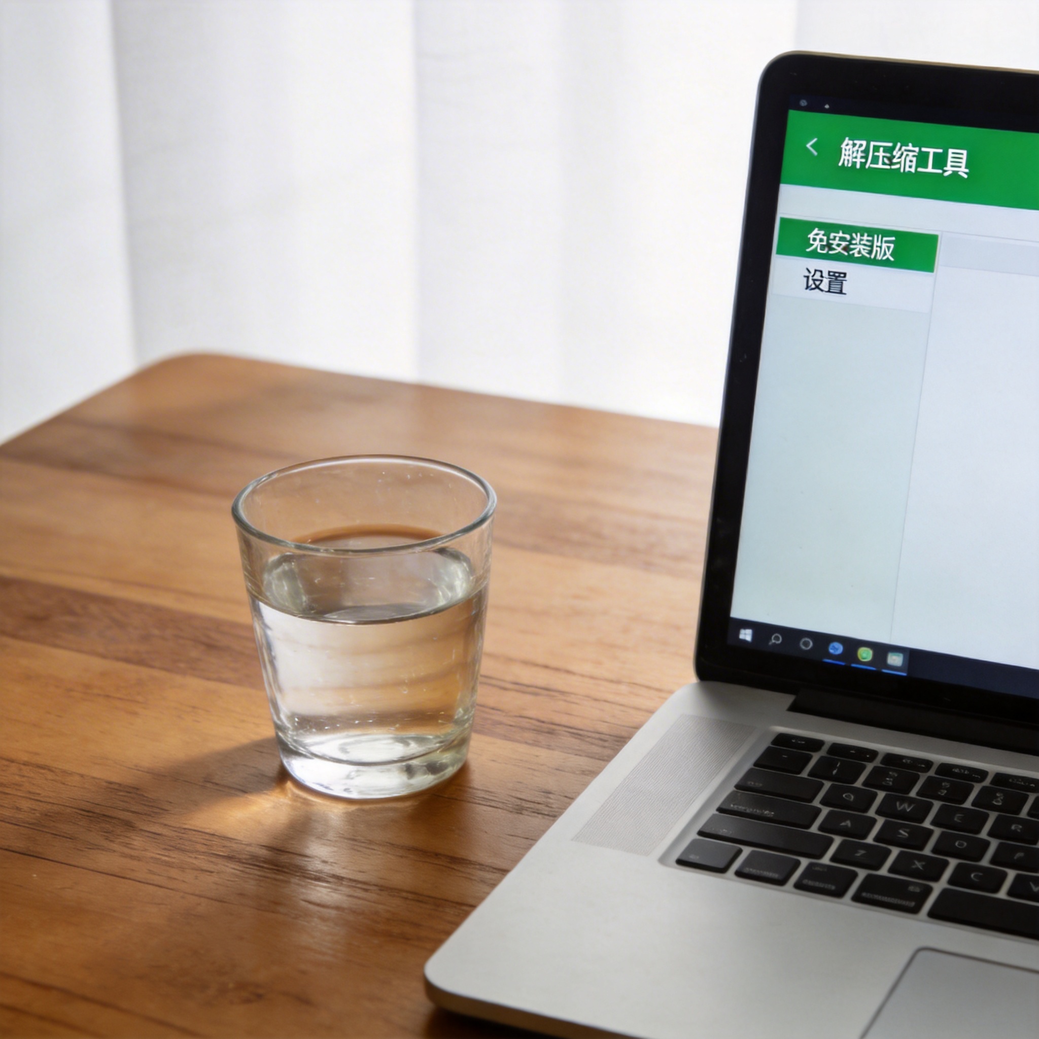 书桌上的电脑，屏幕显示绿色版解压缩工具免安装设置界面，桌角放着水杯，自然光