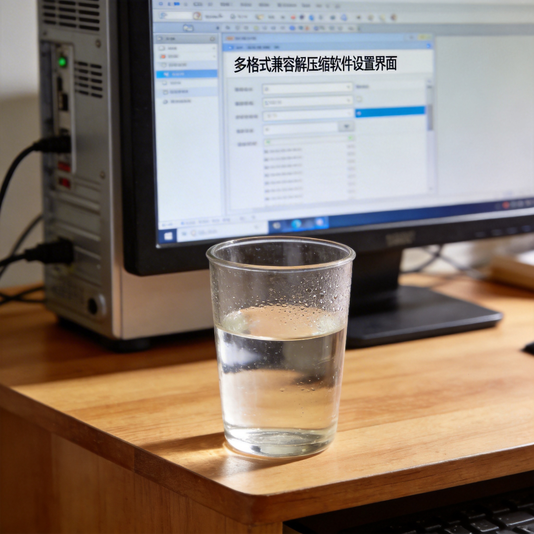 书桌上的主机，屏幕显示多格式兼容解压缩软件设置界面，桌角放着水杯，自然光