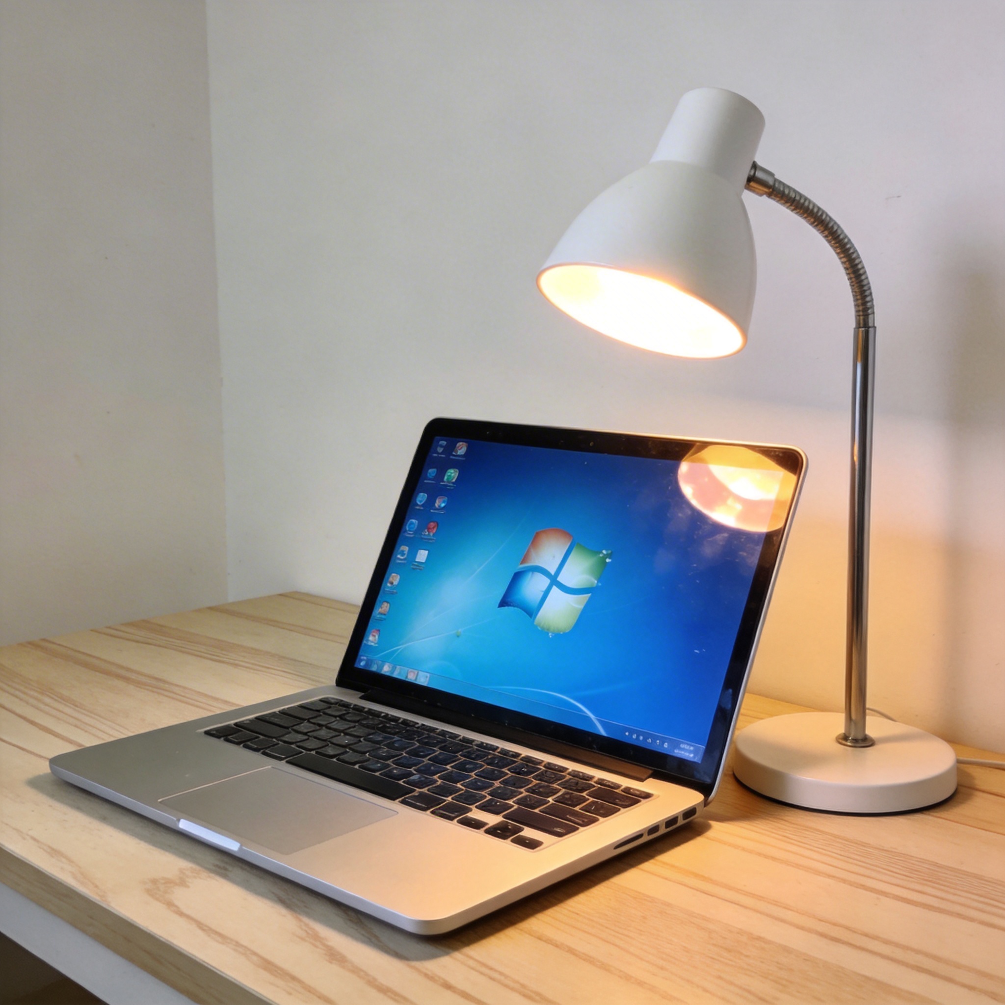 电脑桌上的电脑，屏幕显示Windows桌面，旁边放着台灯