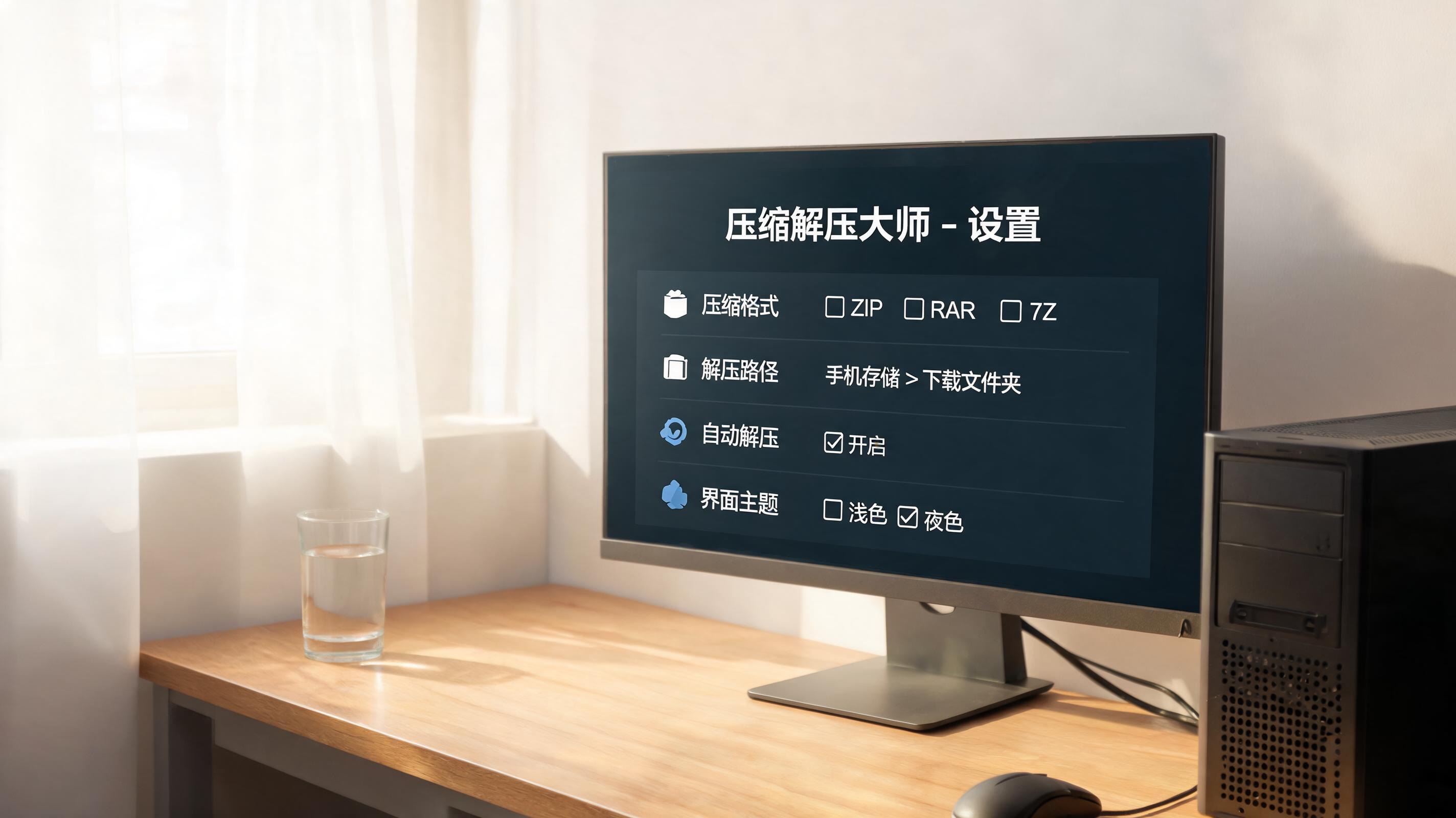 书桌上的主机，屏幕显示手机文件压缩解压缩软件设置界面，桌角放着水杯，自然光