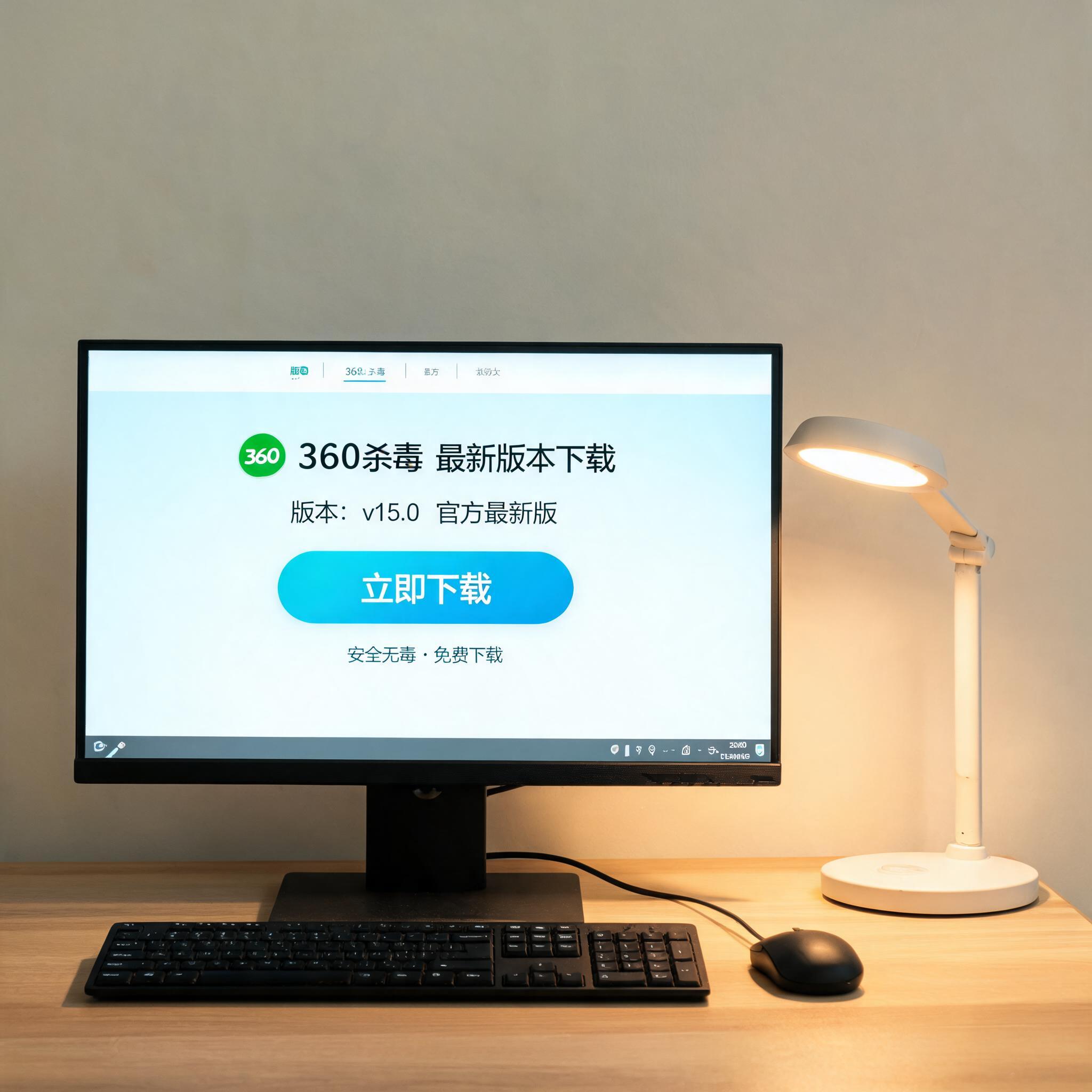 电脑桌上的电脑，屏幕显示360 杀毒最新版本下载界面，旁边放着台灯