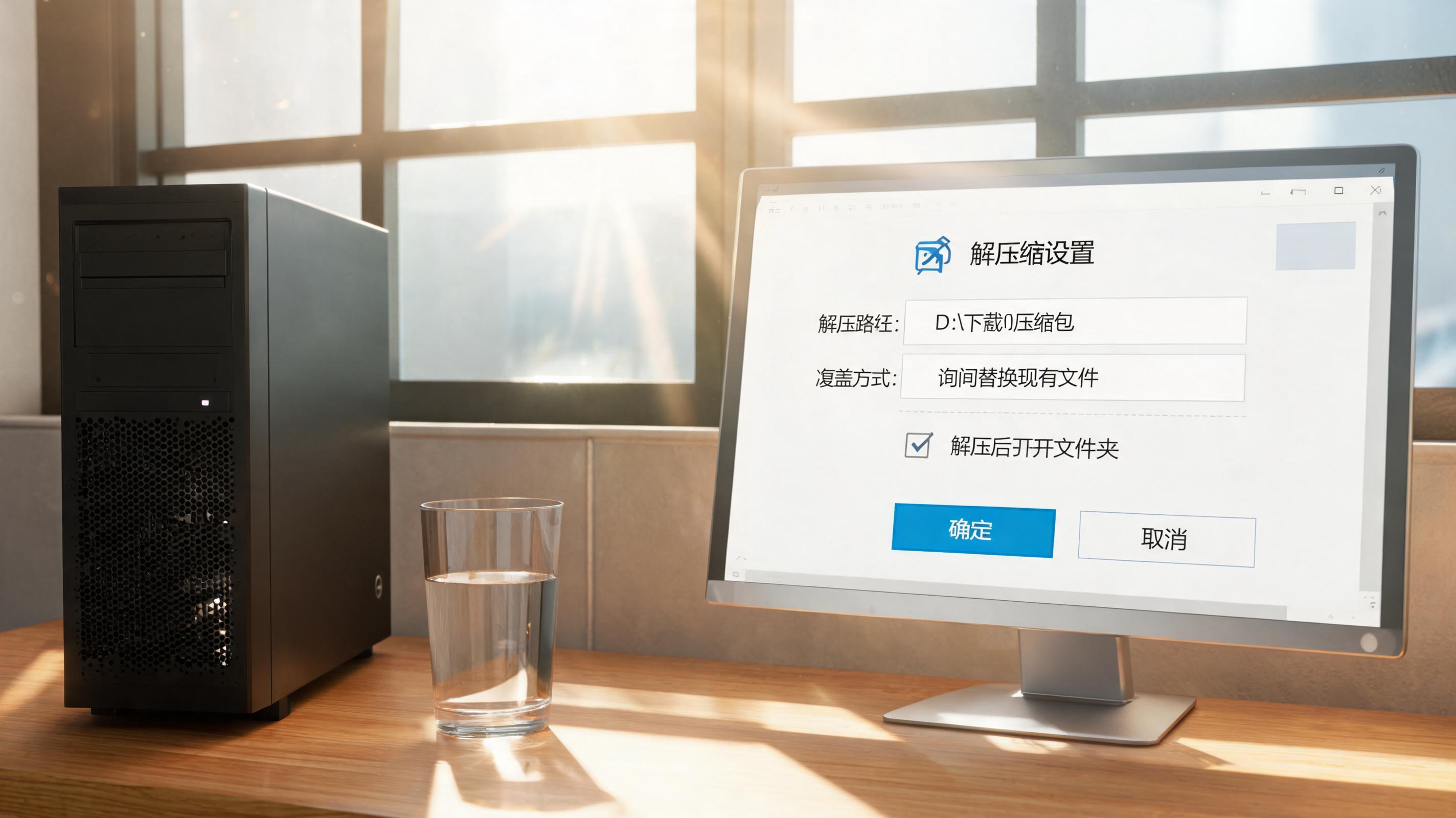 书桌上的主机，屏幕显示解压缩设置界面，桌角放着水杯，自然光