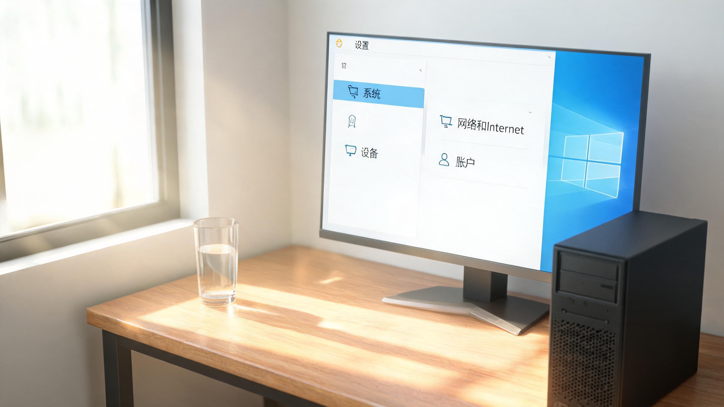 书桌上的主机，屏幕显示Windows设置界面，桌角放着水杯，自然光
