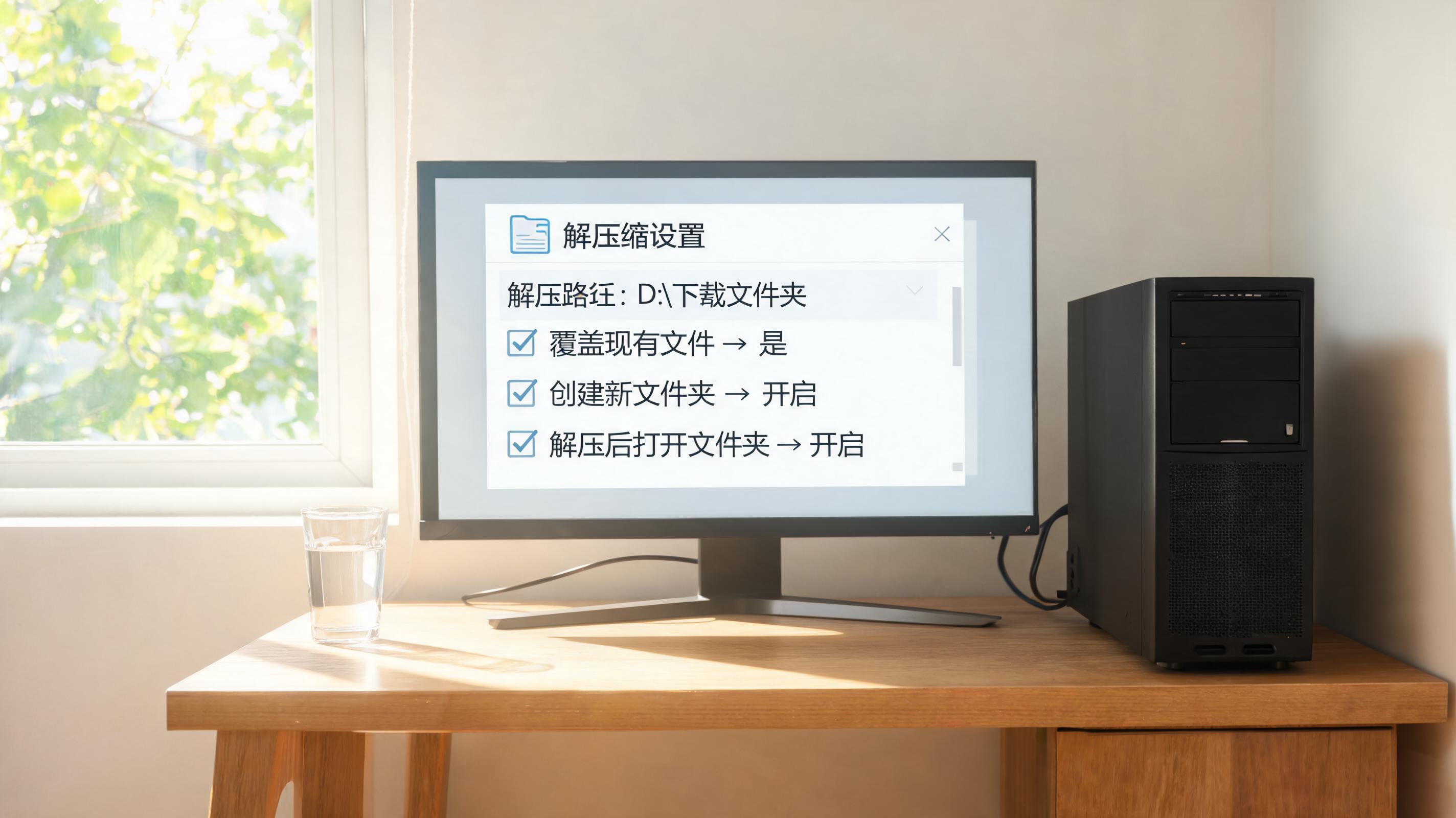 书桌上的主机，屏幕显示解压缩设置界面，桌角放着水杯，自然光