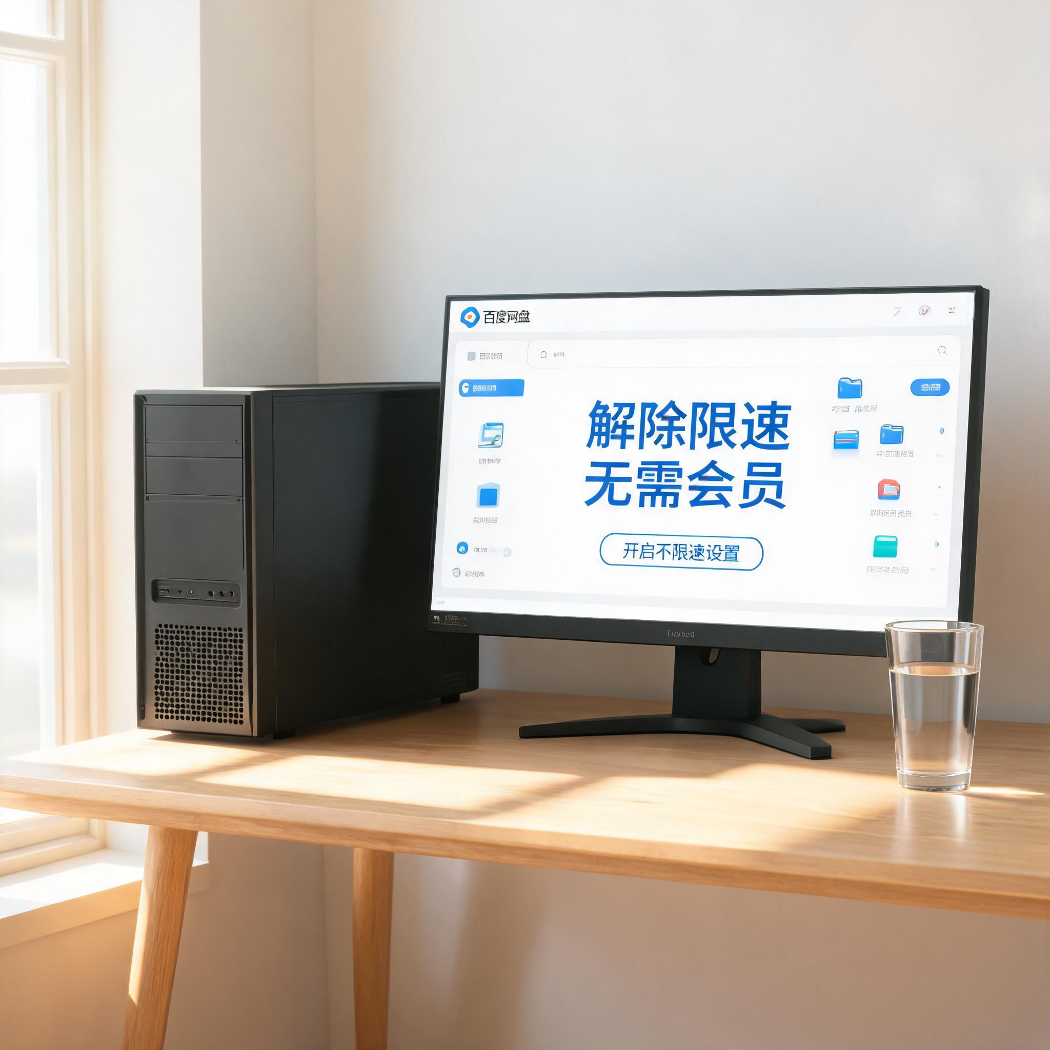 书桌上的主机，屏幕显示百度网盘解除限速无需会员设置界面，桌角放着水杯，自然光