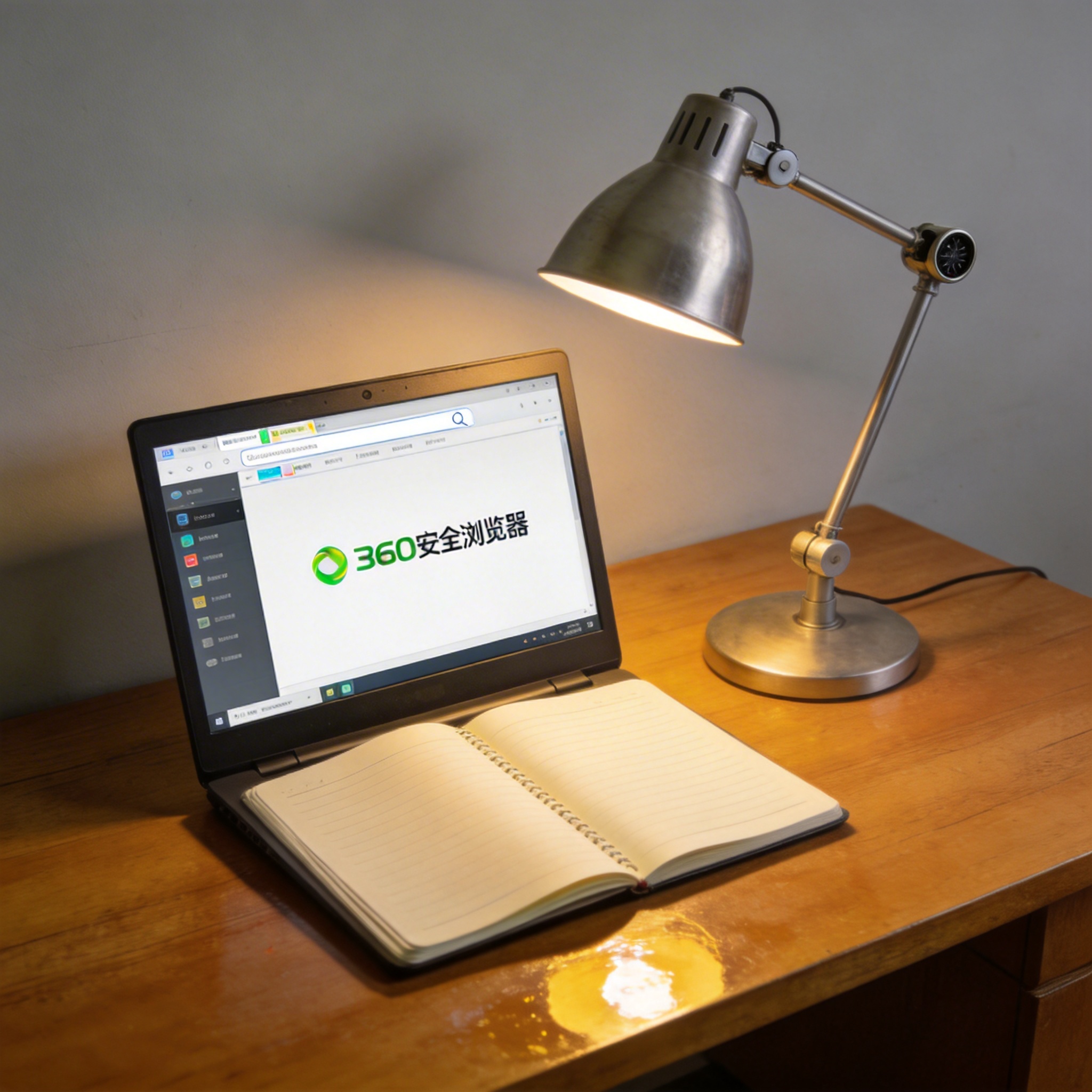 电脑桌上的笔记本，屏幕显示电脑版 360 安全浏览器界面，旁边放着台灯