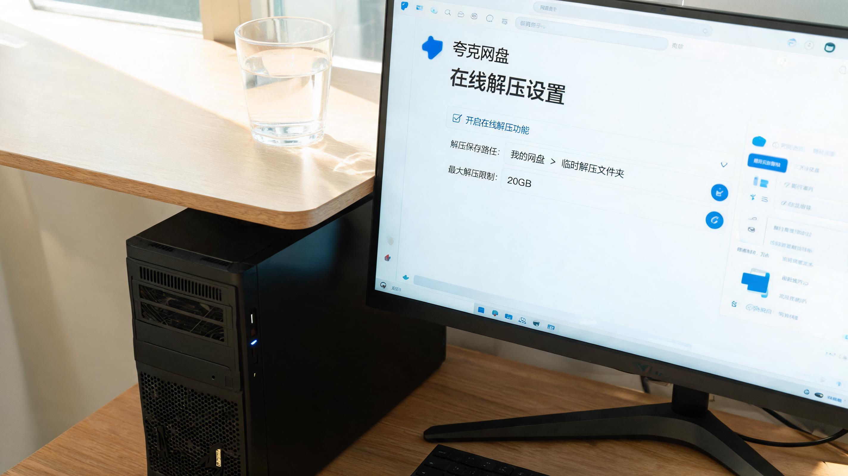 书桌上的主机，屏幕显示夸克网盘文件在线解压设置界面，桌角放着水杯，自然光