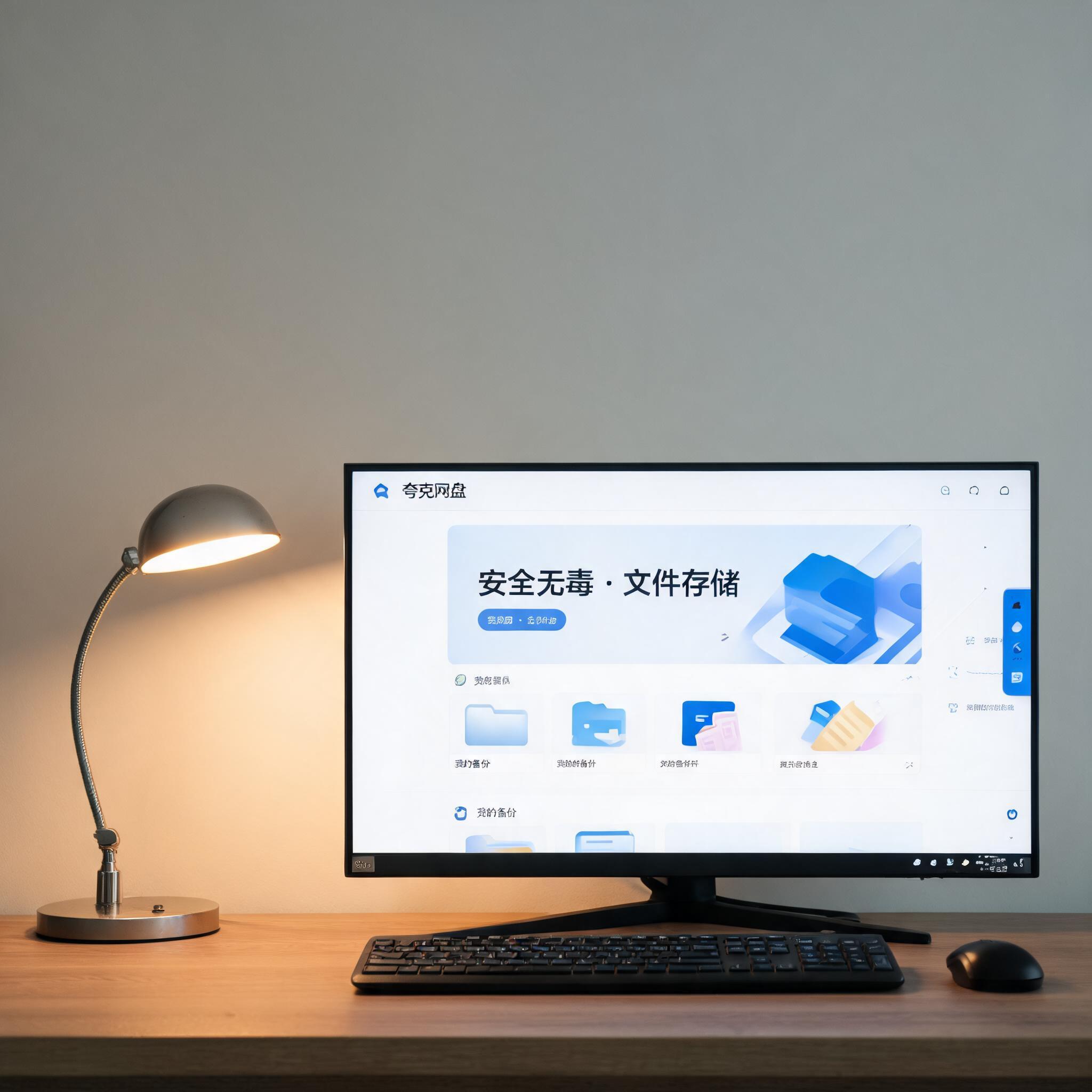 电脑桌上的电脑，屏幕显示夸克网盘安全无毒文件存储界面，旁边放着台灯
