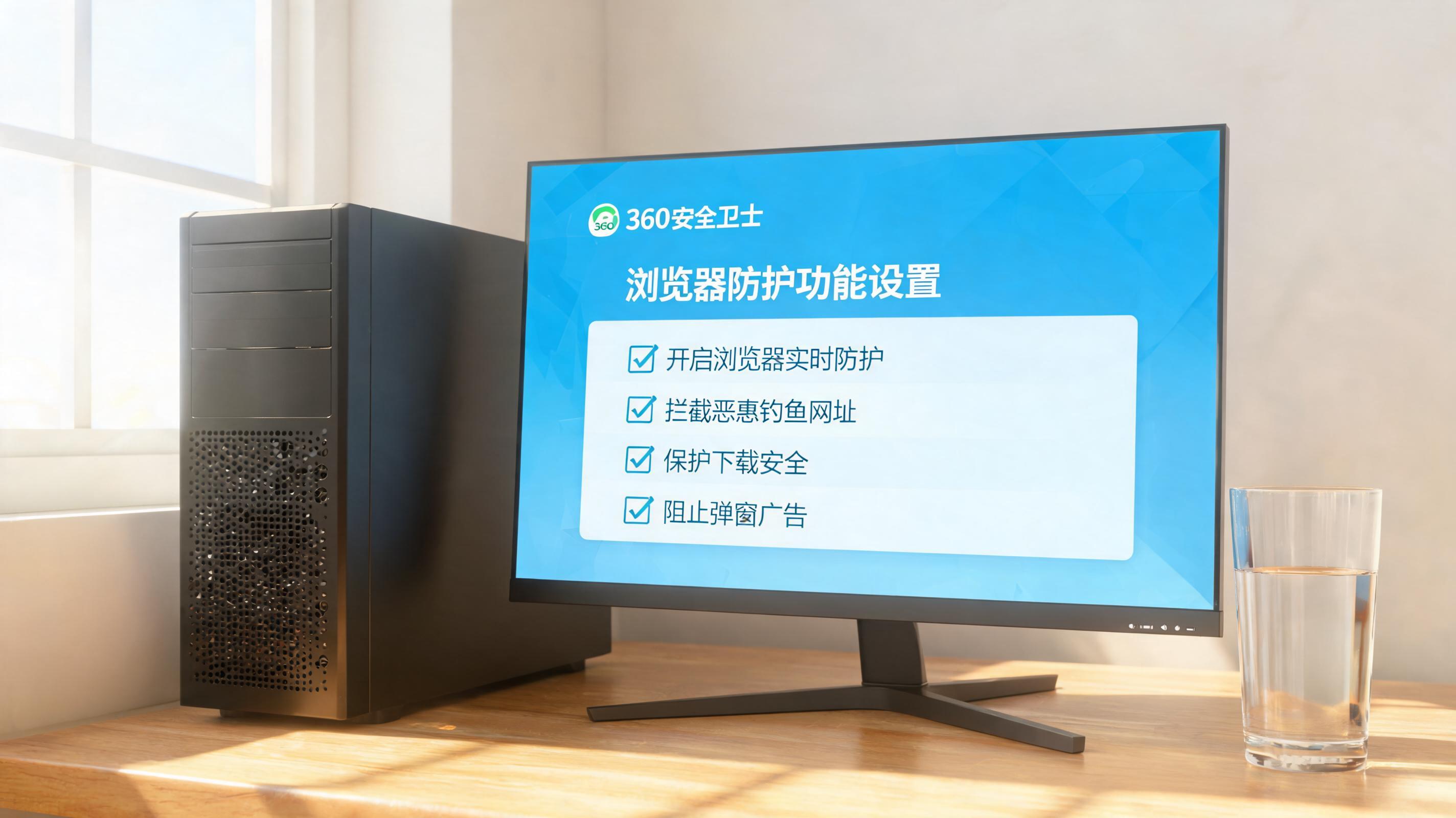 书桌上的主机，屏幕显示360 卫士浏览器防护功能设置界面，桌角放着水杯，自然光