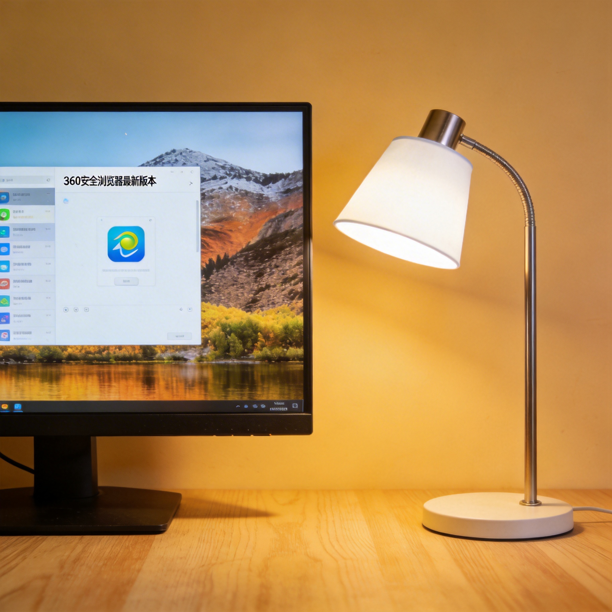 电脑桌上的电脑，屏幕显示360 安全浏览器最新版本菜单，旁边放着台灯