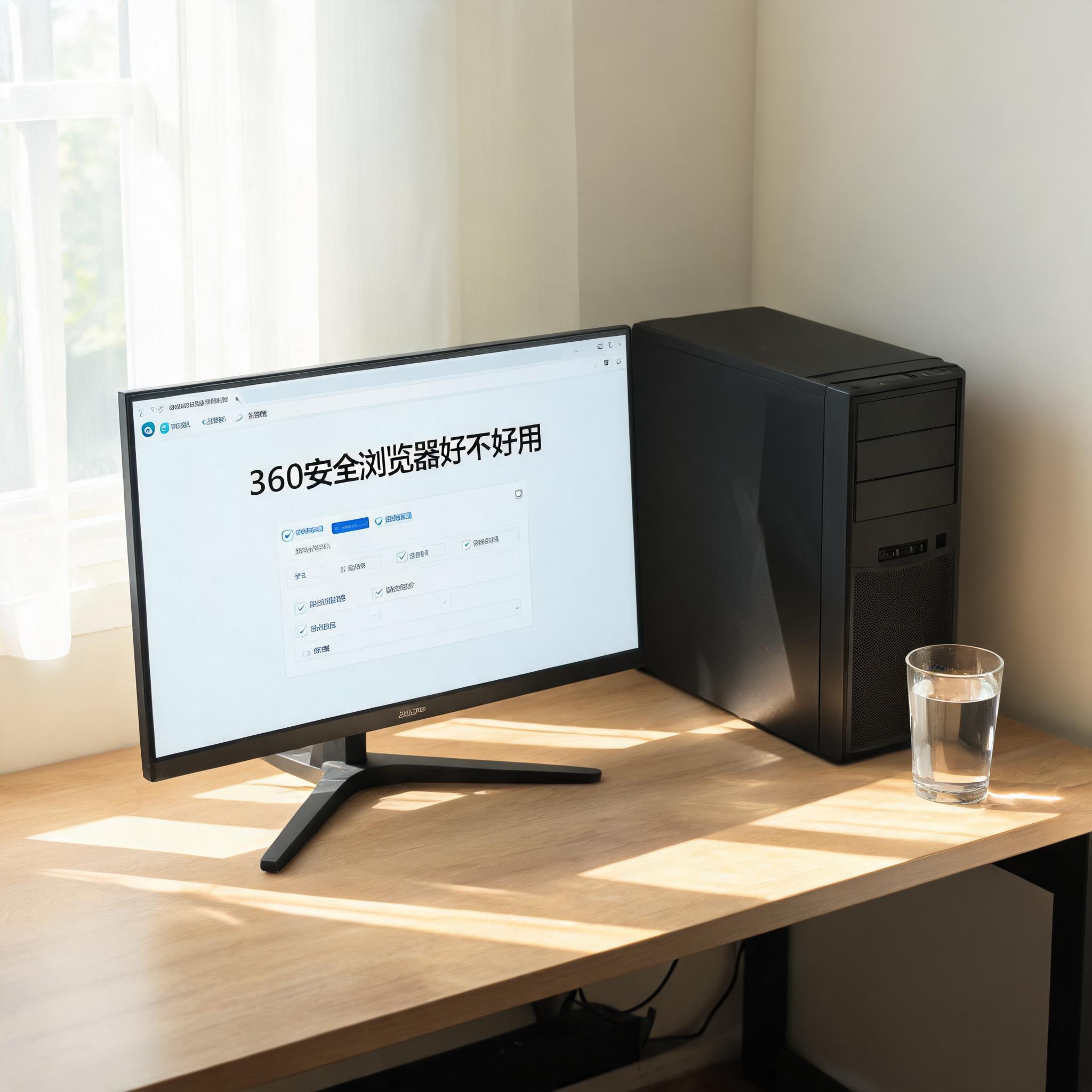 书桌上的主机，屏幕显示360 安全浏览器好不好用设置界面，桌角放着水杯，自然光