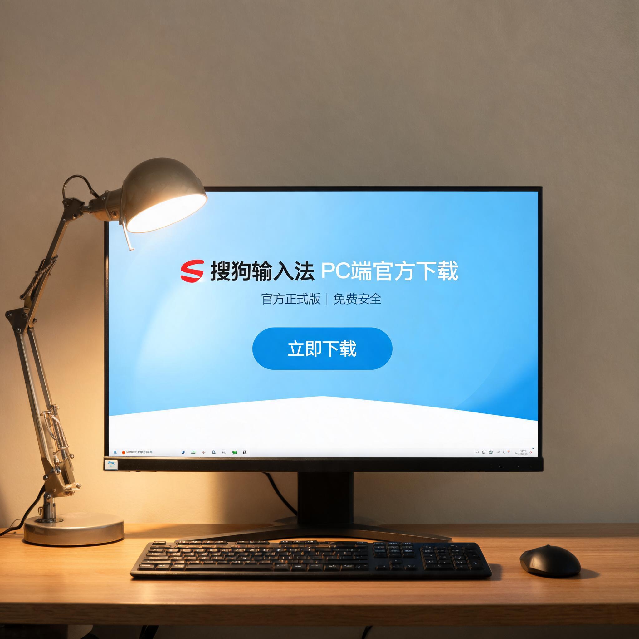 电脑桌上的电脑，屏幕显示PC 端搜狗输入法官方下载界面，旁边放着台灯