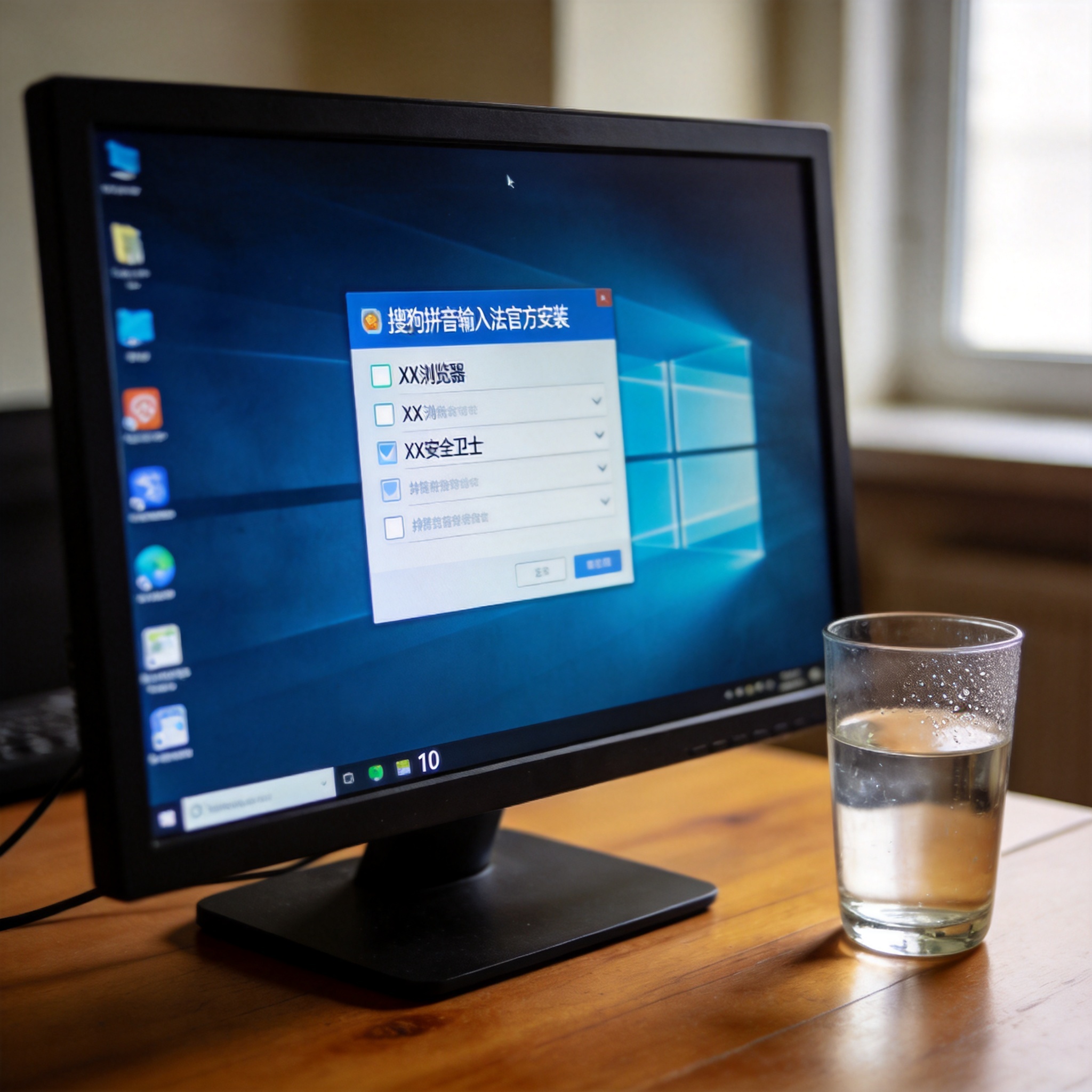 电脑桌的Windows10系统电脑，屏幕显示搜狗拼音官方安装界面，界面上有默认勾选的捆绑软件选项，桌面放着半杯温水，室内自然光