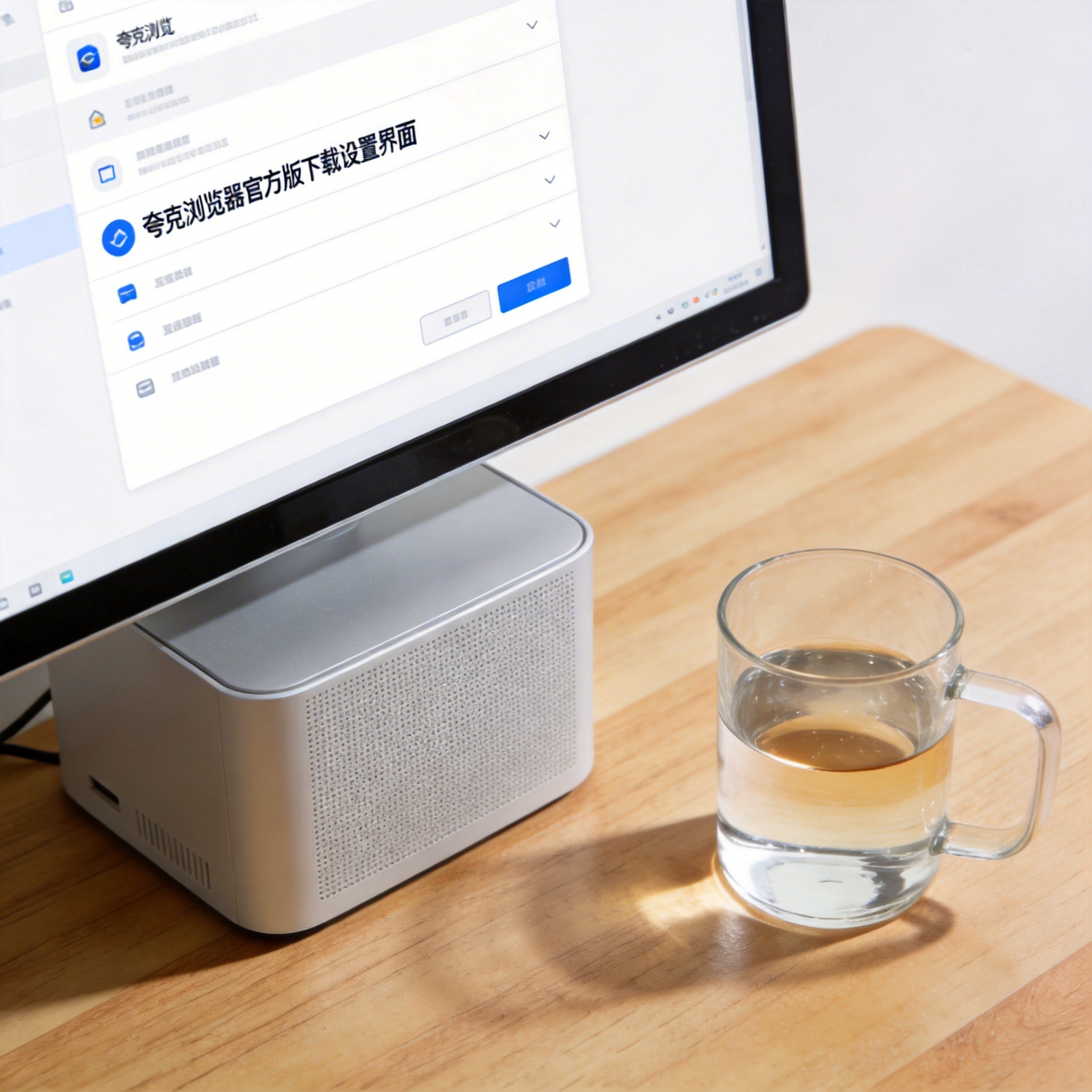 书桌上的主机，屏幕显示夸克浏览器官方版下载设置界面，桌角放着水杯，自然光