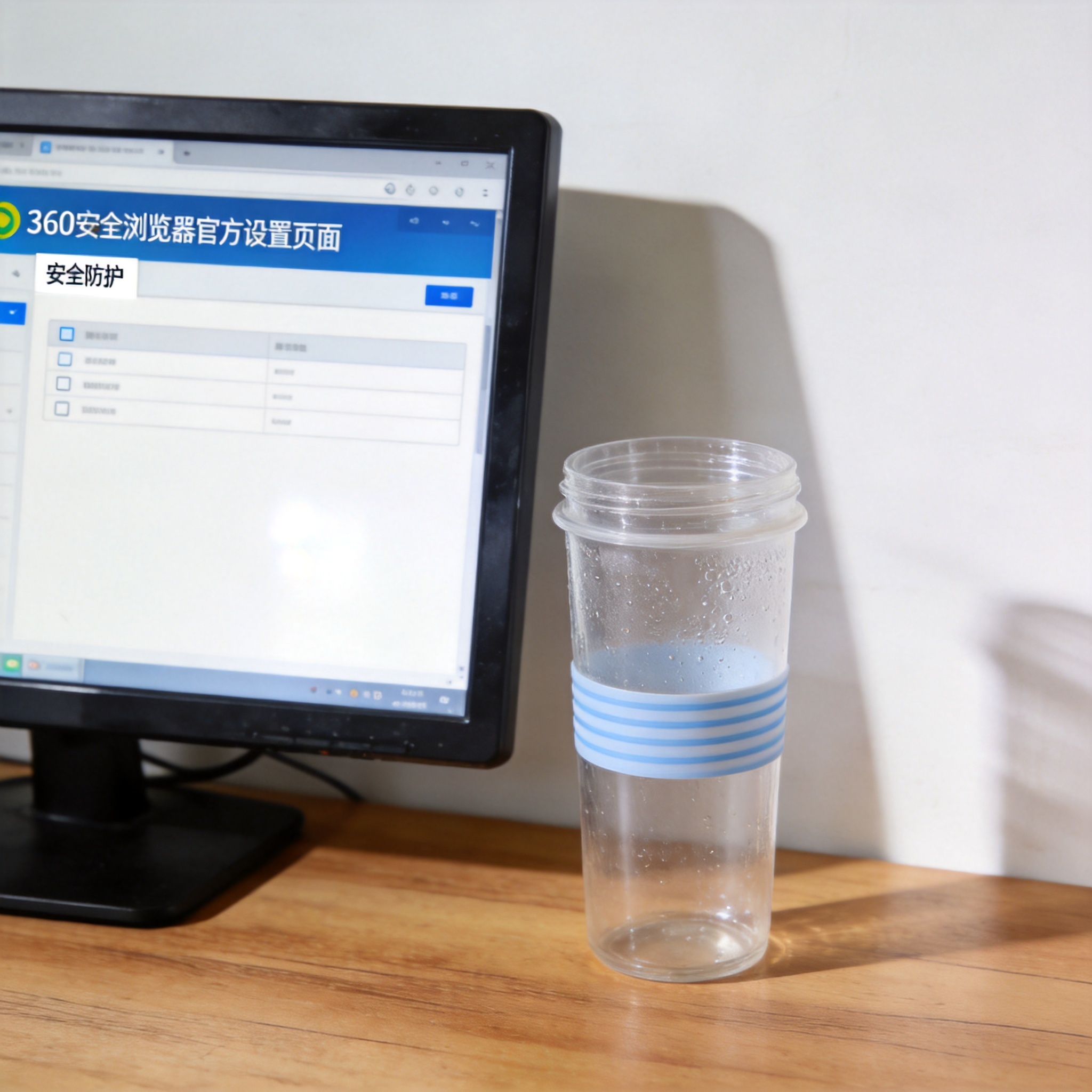 电脑桌的电脑屏幕显示360安全浏览器官方设置页面，页面停在“安全防护”选项栏，旁边放着塑料水杯，室内自然光