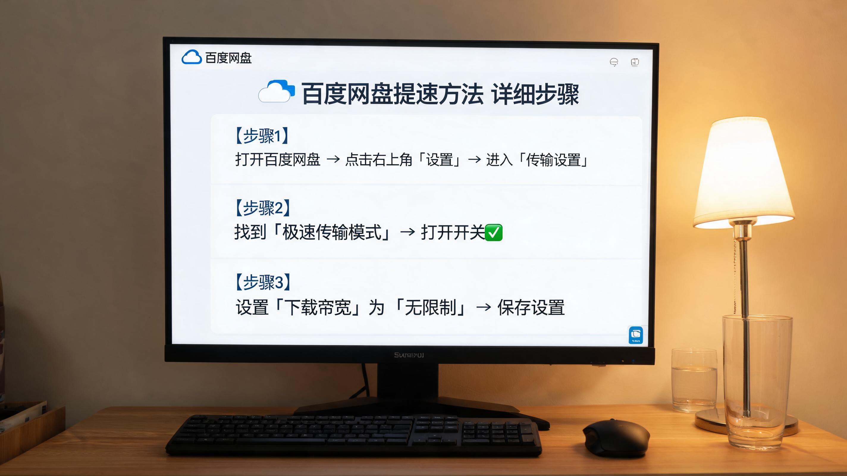 电脑桌上的电脑，屏幕显示百度网盘提速方法详细步骤界面，旁边放着台灯
