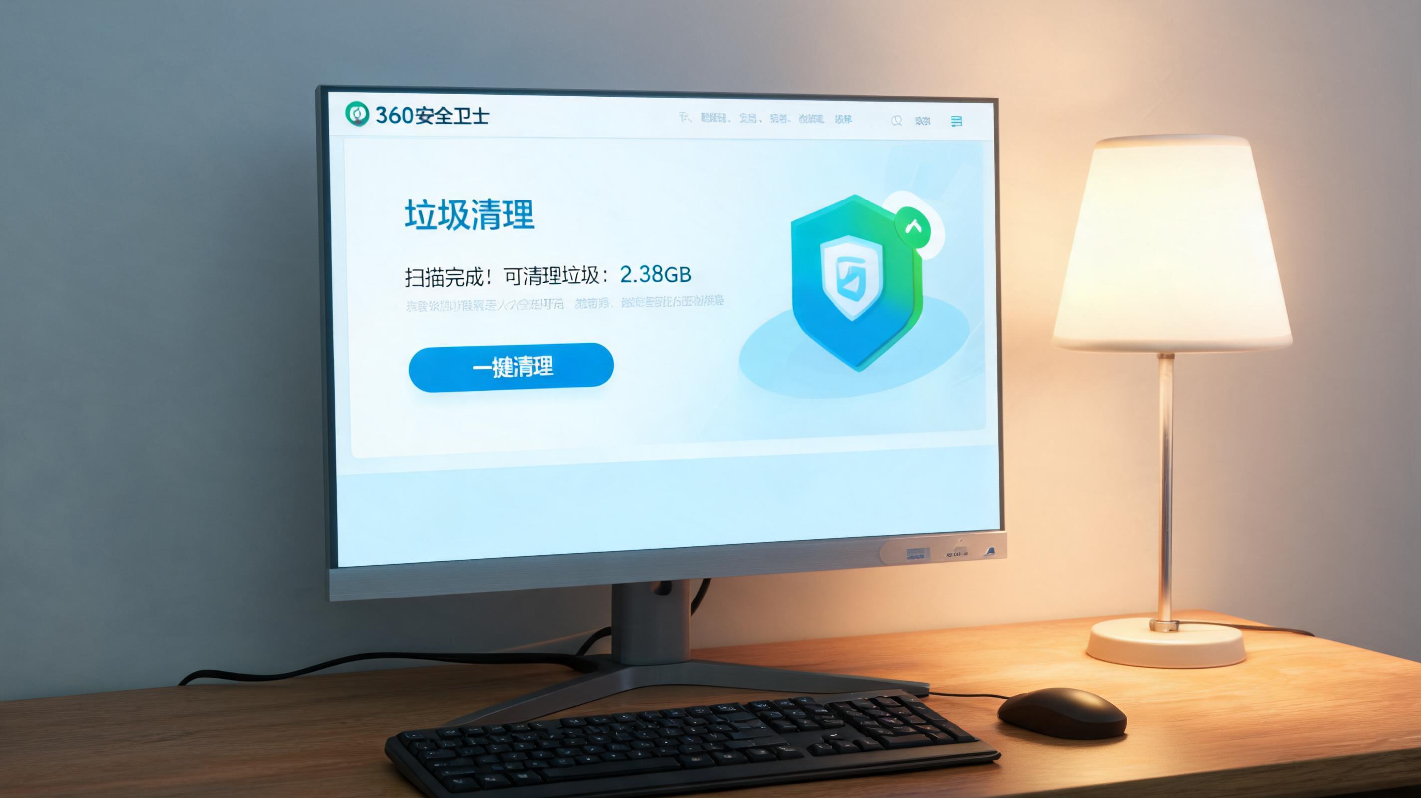 电脑桌上的电脑，屏幕显示360 安全卫士垃圾清理界面，旁边放着台灯