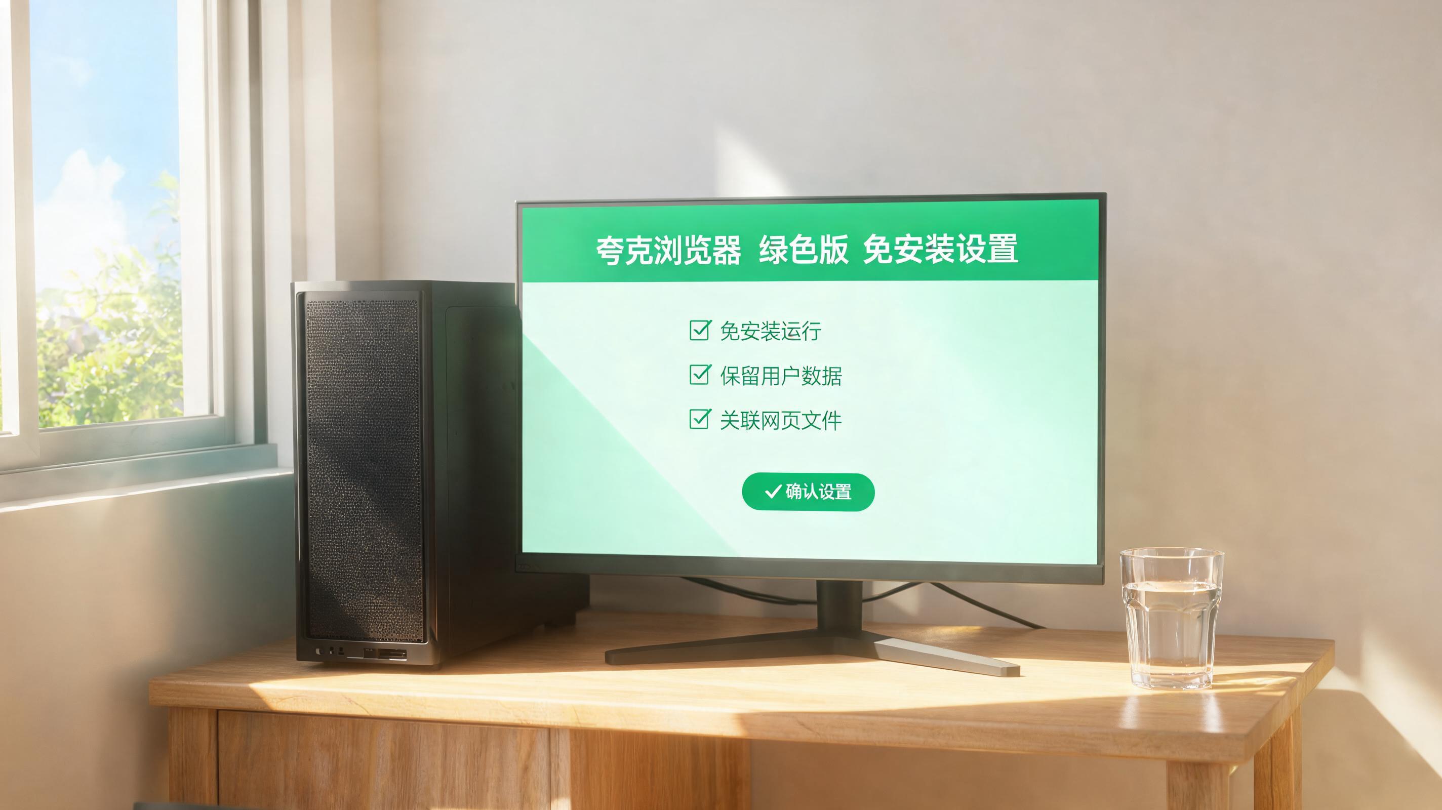 书桌上的主机，屏幕显示夸克浏览器绿色版免安装设置界面，桌角放着水杯，自然光
