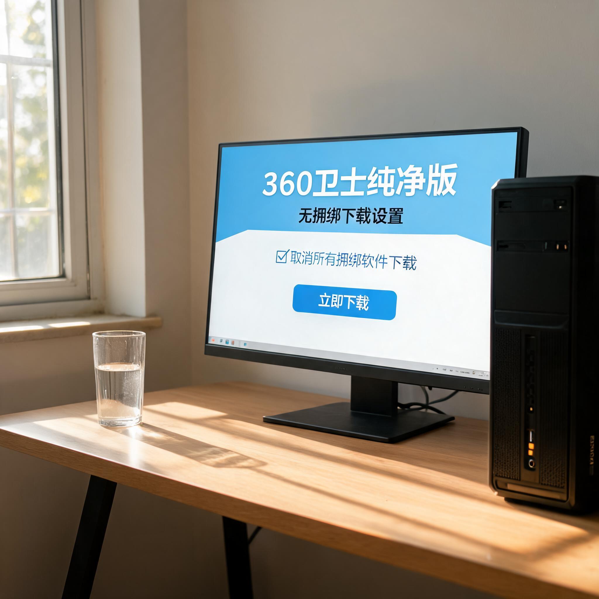 书桌上的主机，屏幕显示360 卫士纯净版无捆绑下载设置界面，桌角放着水杯，自然光
