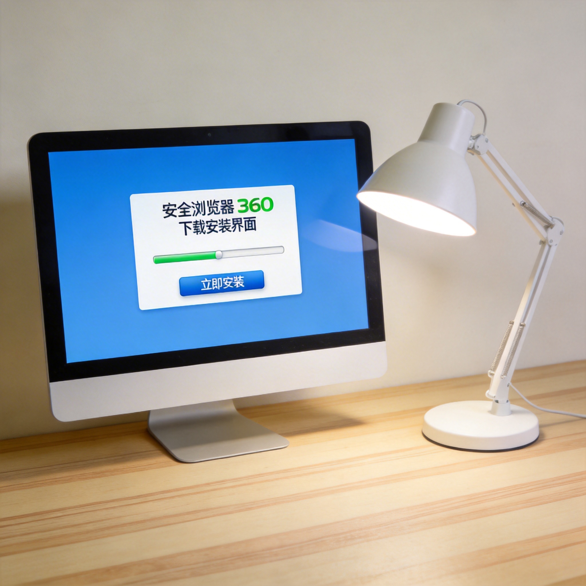 电脑桌上的电脑，屏幕显示安全浏览器 360 下载安装界面，旁边放着台灯