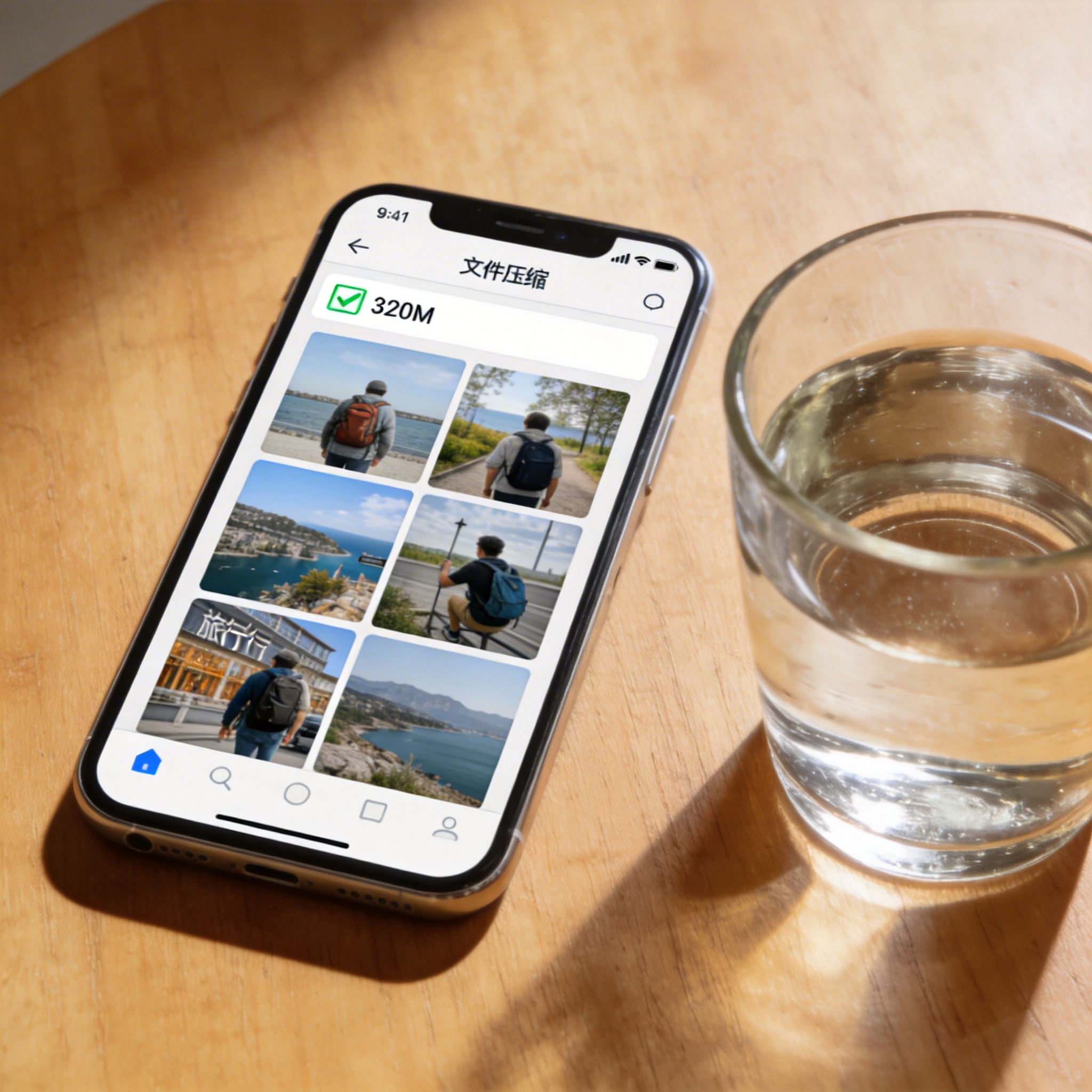桌面上的智能手机，屏幕显示手机文件压缩解压缩软件界面，勾选着总大小320M的旅行照片，旁边放着半杯温水，室内自然光