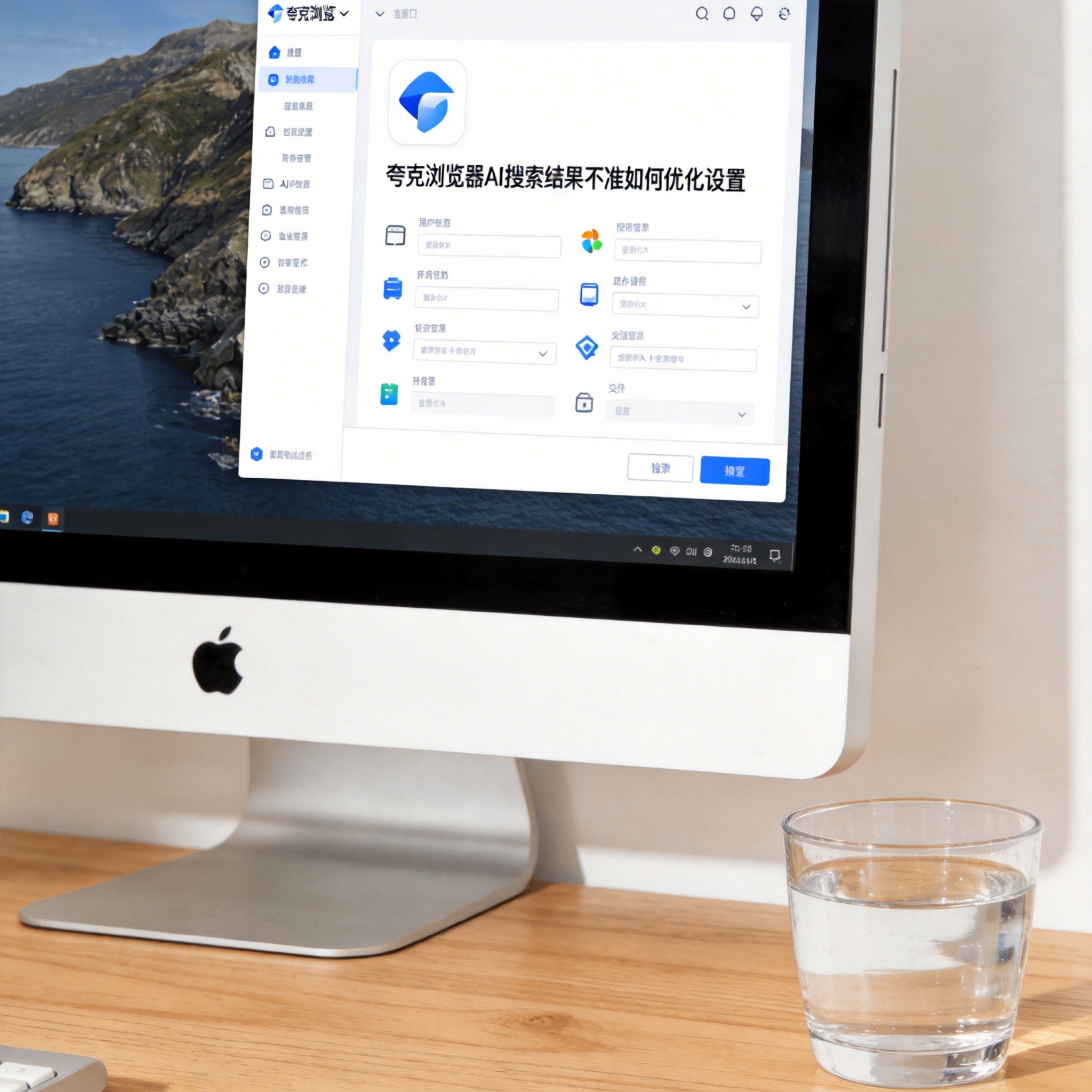 书桌上的主机，屏幕显示夸克浏览器 AI 搜索结果不准如何优化设置界面，桌角放着水杯，自然光