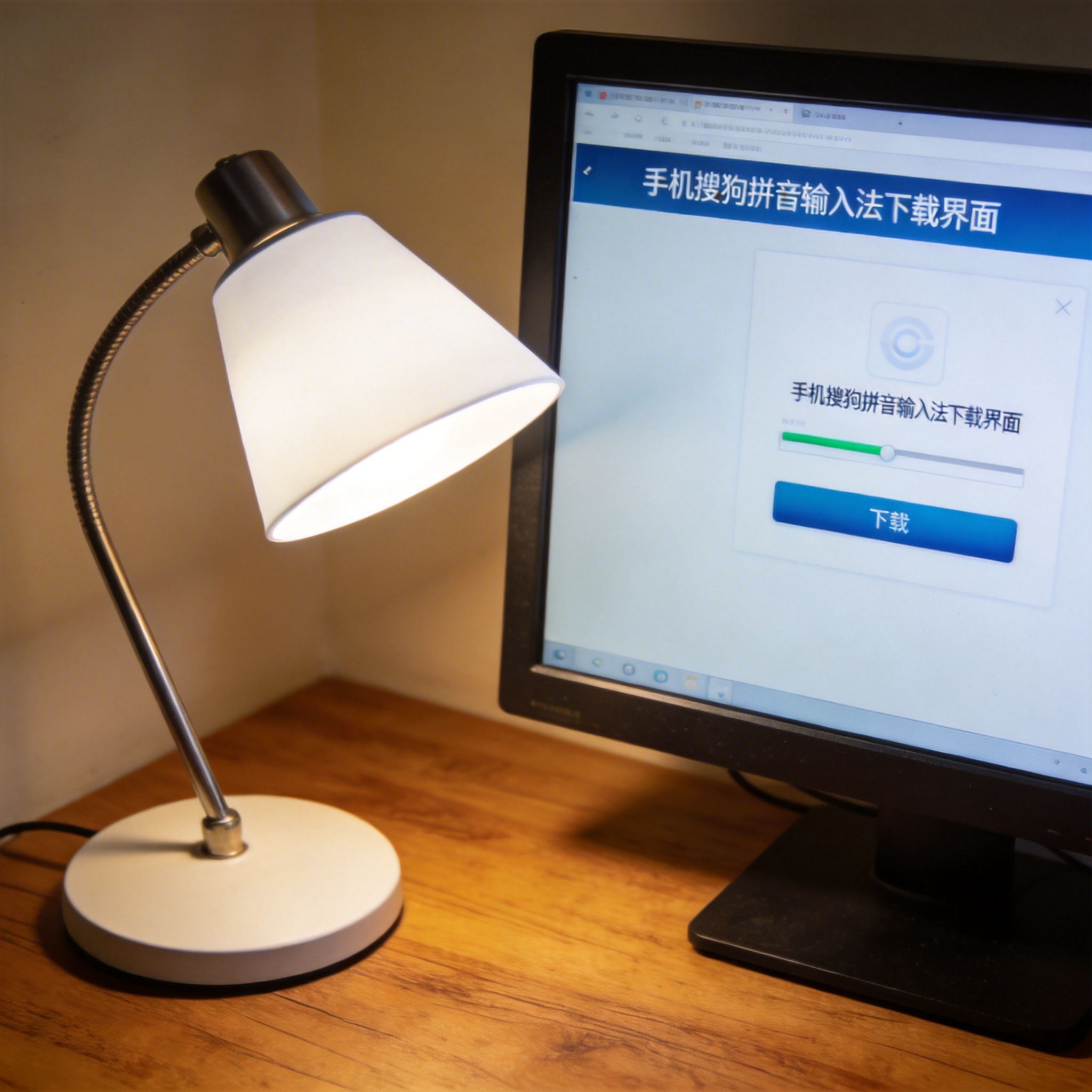 电脑桌上的电脑，屏幕显示手机搜狗拼音输入法下载界面，旁边放着台灯