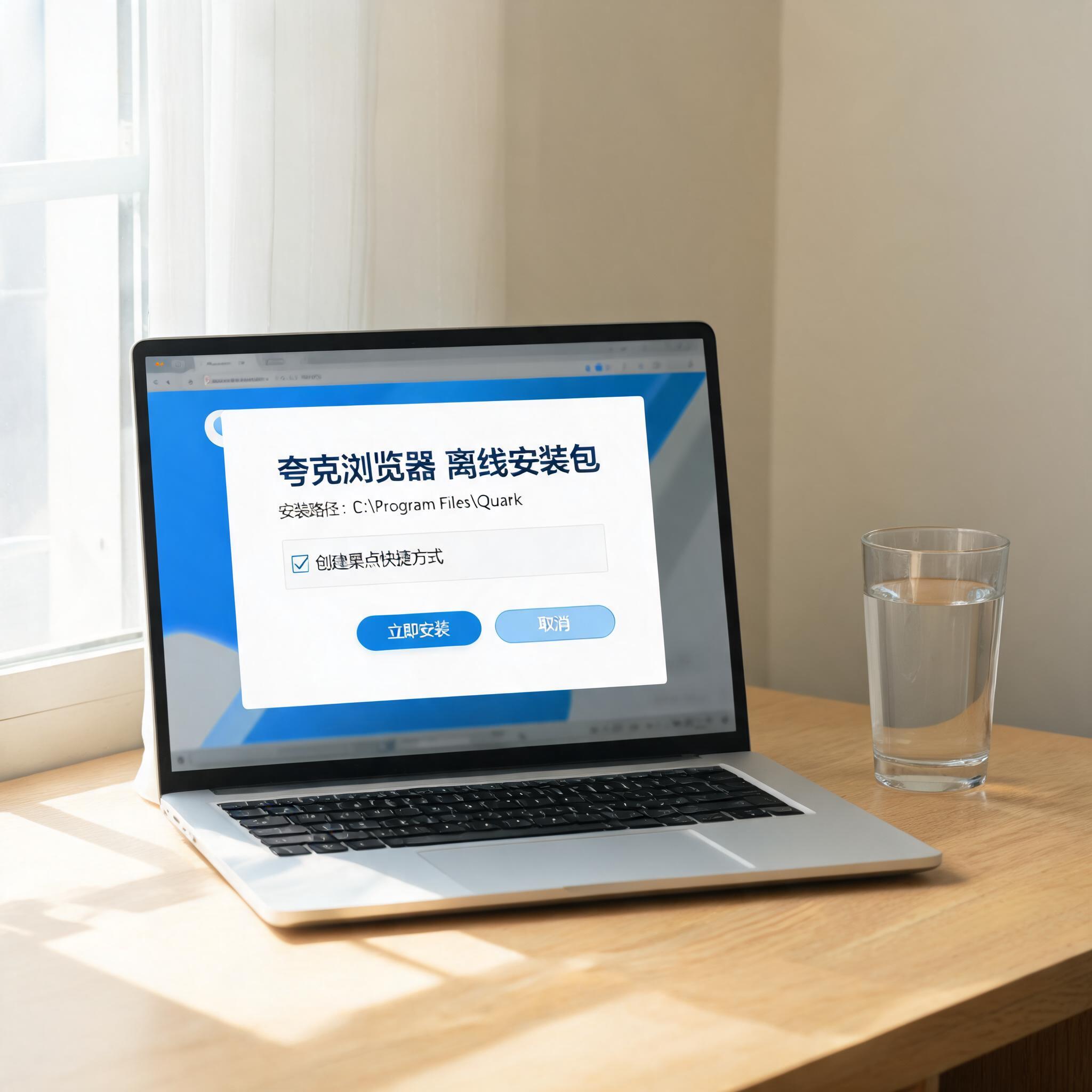 书桌上的电脑，屏幕显示夸克浏览器离线安装包设置界面，桌角放着水杯，自然光