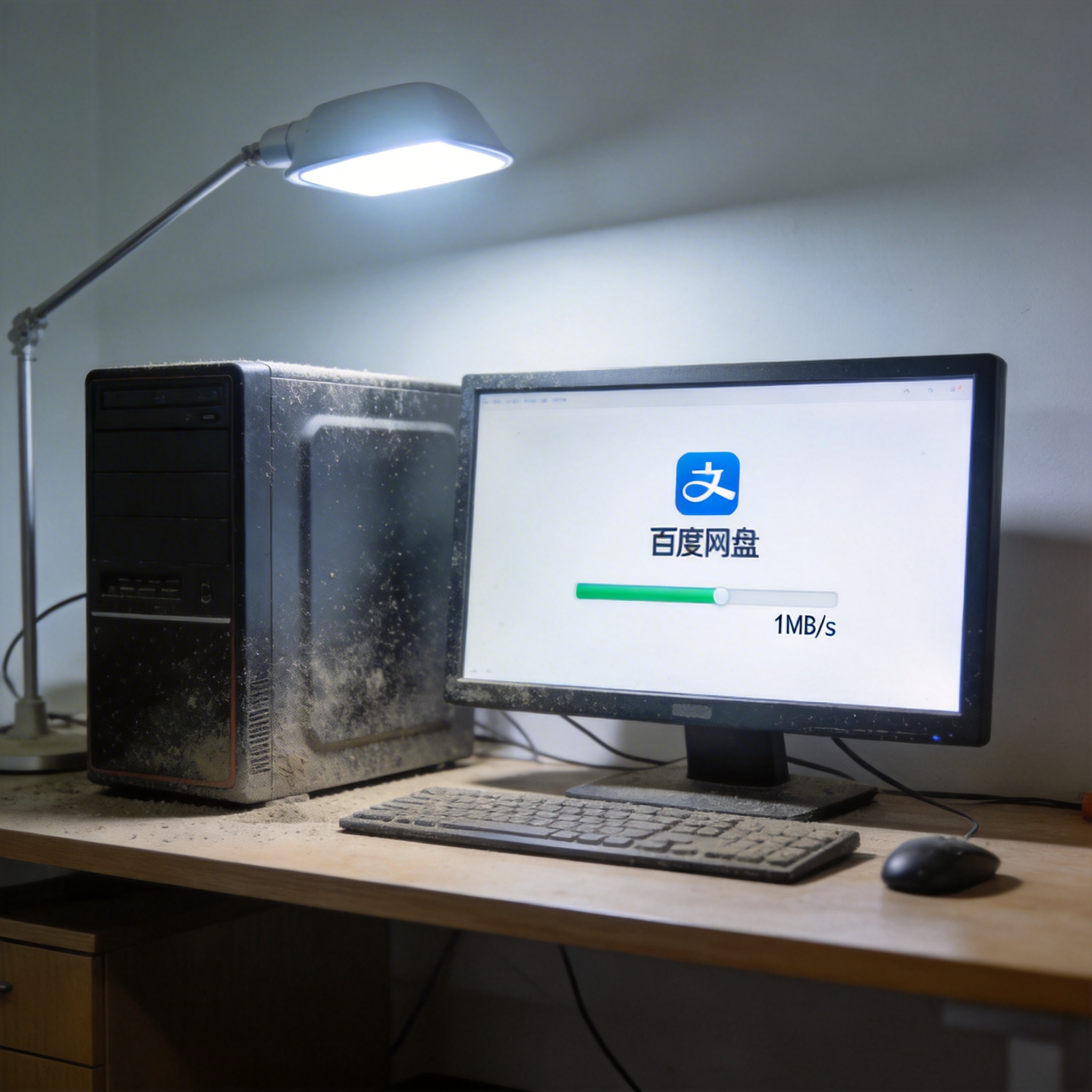 桌面的台式电脑，屏幕显示百度网盘下载界面，进度条旁显示下载速度1MB/s，主机旁有灰尘痕迹，台灯冷白光