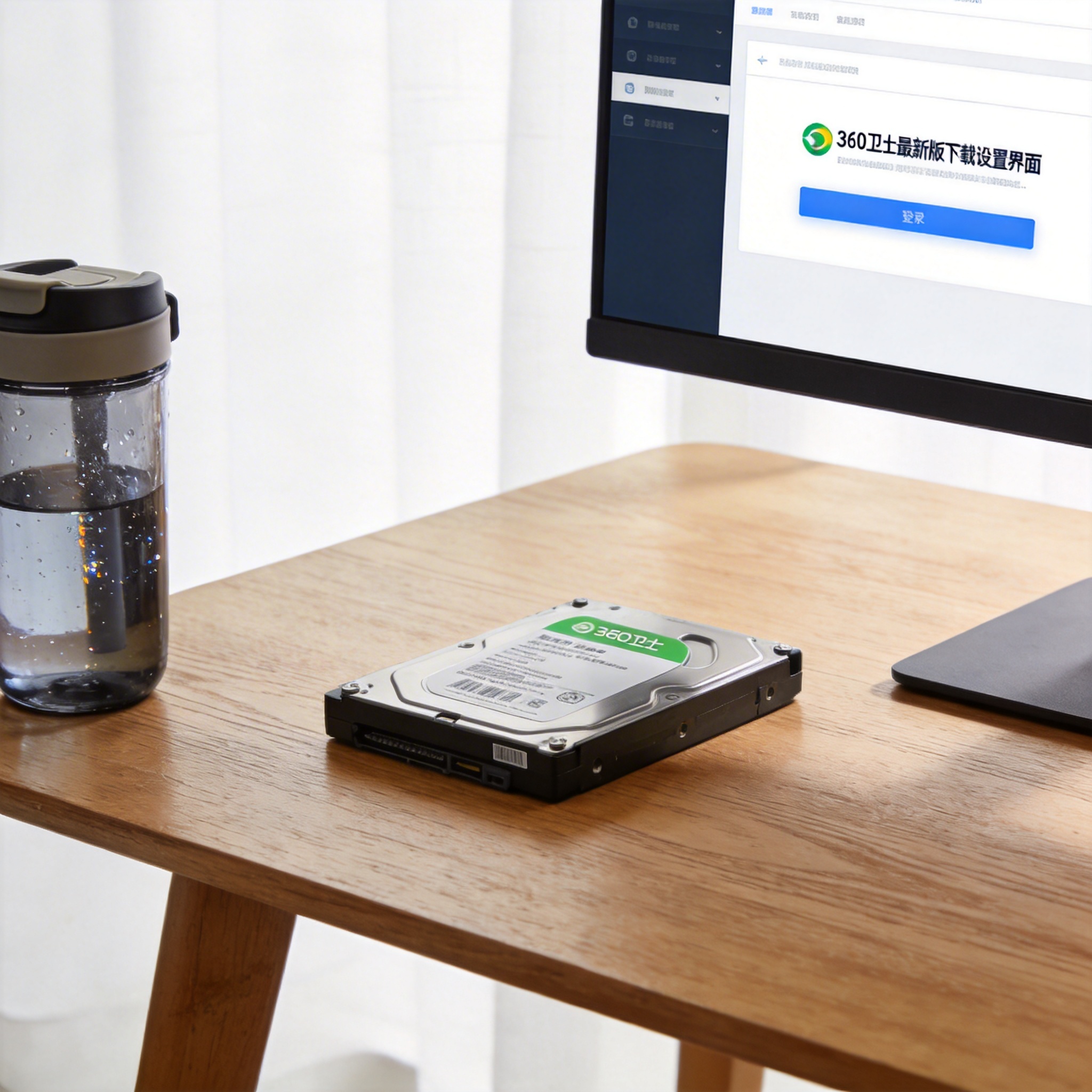 书桌上的硬盘，屏幕显示360 卫士最新版下载设置界面，桌角放着水杯，自然光
