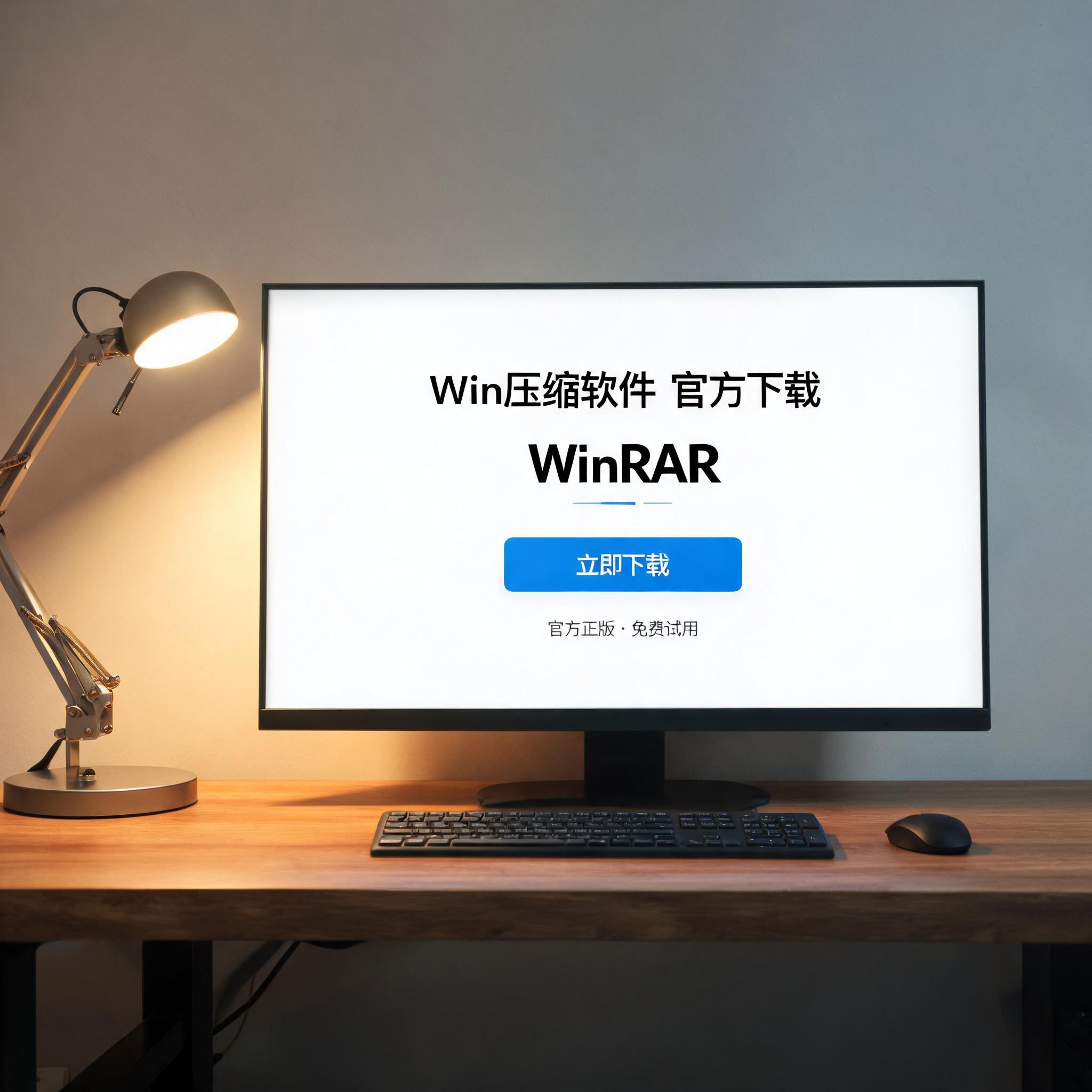 电脑桌上的电脑，屏幕显示win 压缩软件官方下载界面，旁边放着台灯
