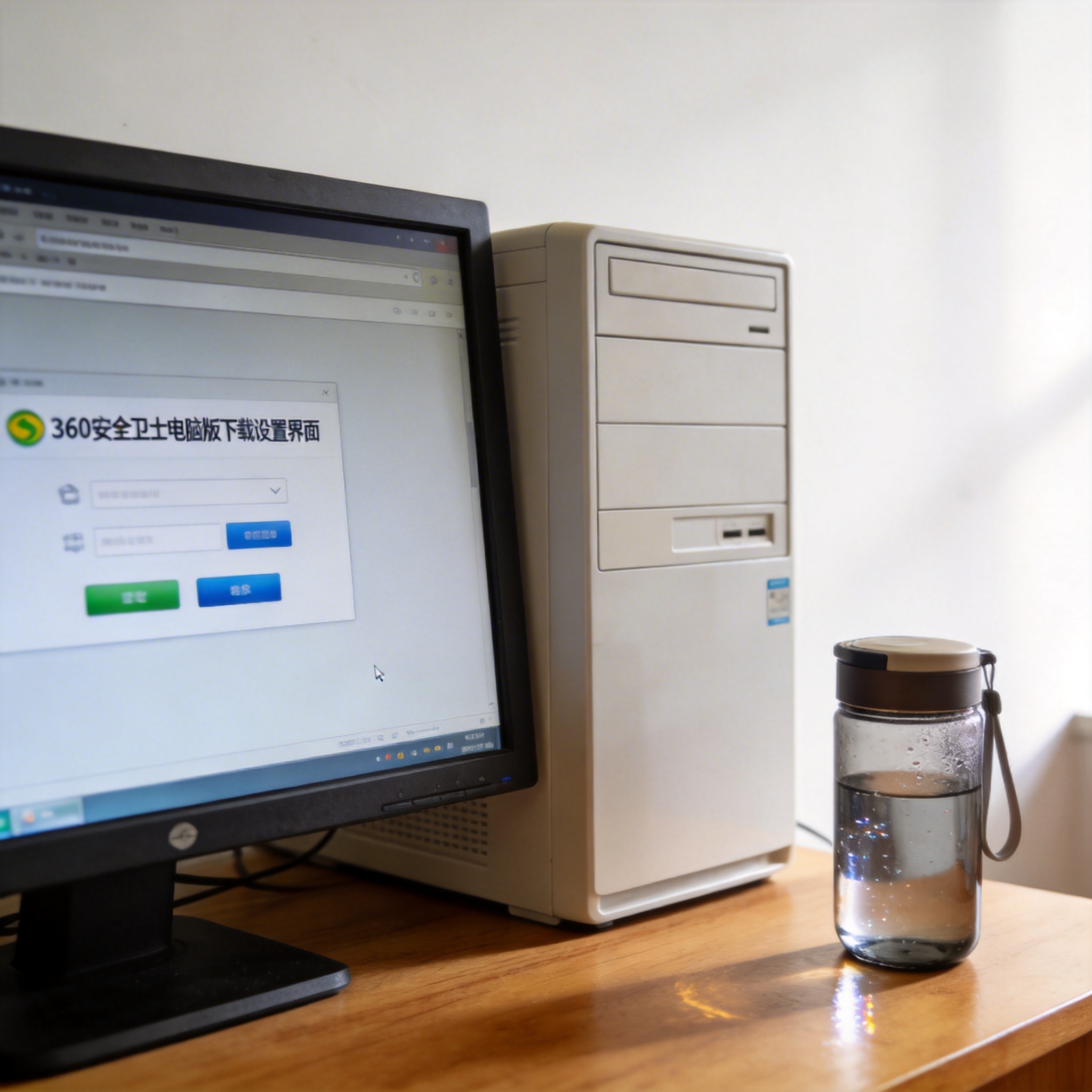 书桌上的主机，屏幕显示360 安全卫士电脑版下载设置界面，桌角放着水杯，自然光