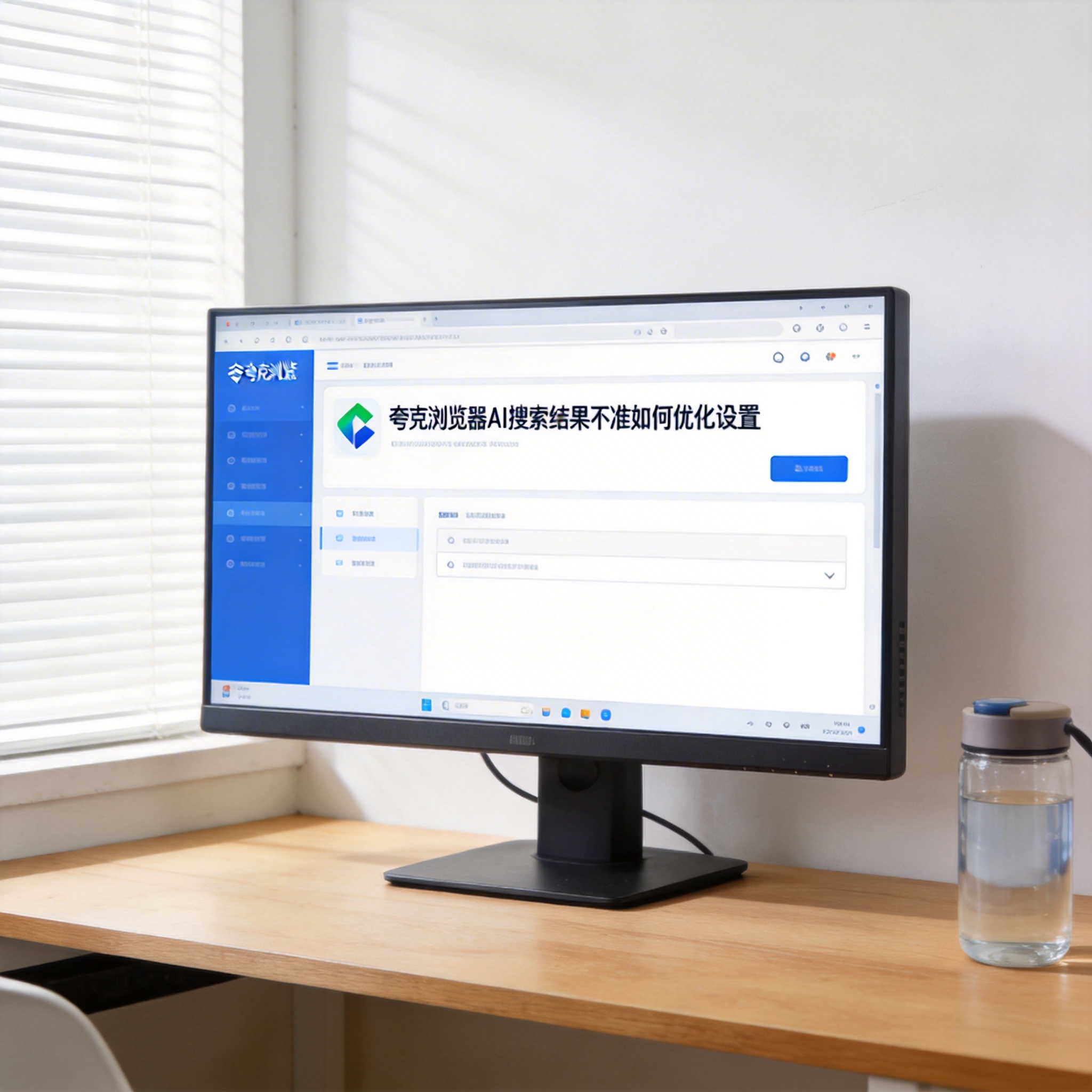 书桌上的主机，屏幕显示夸克浏览器 AI 搜索结果不准如何优化设置界面，桌角放着水杯，自然光