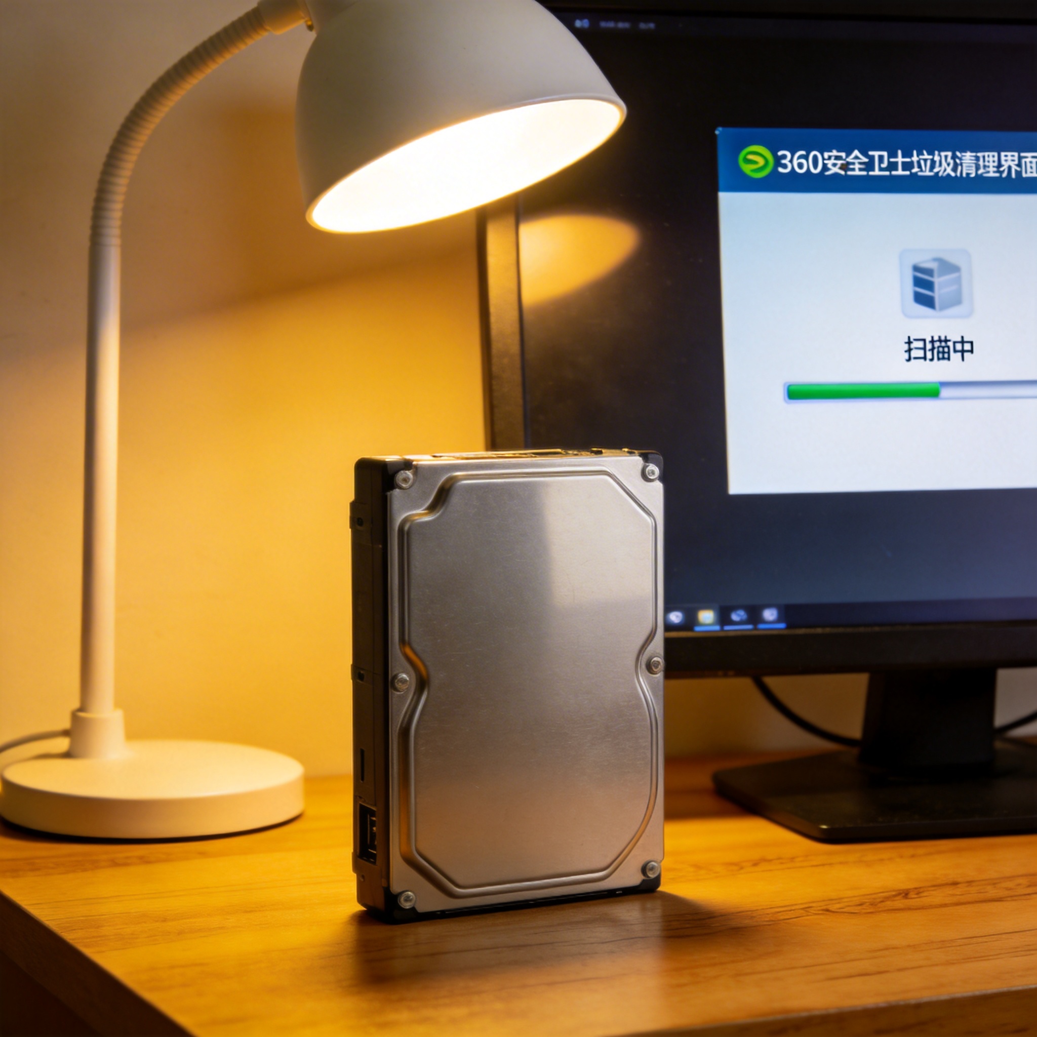 电脑桌上的硬盘，屏幕显示360 安全卫士垃圾清理界面，旁边放着台灯
