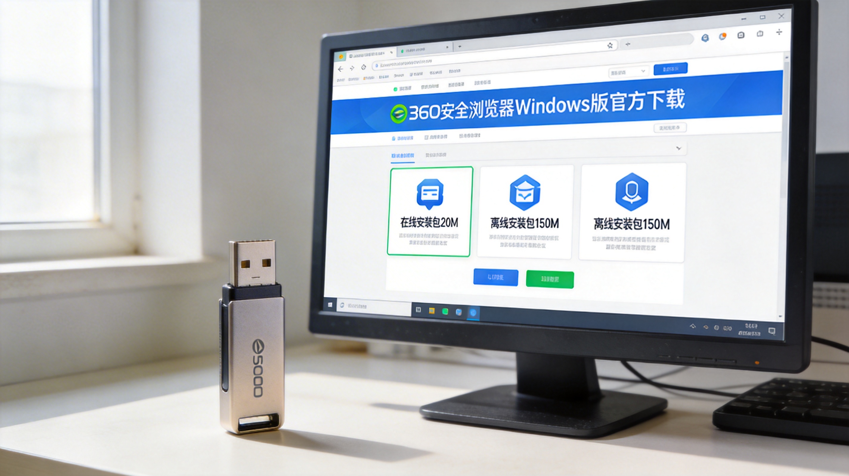 电脑桌面，屏幕显示360安全浏览器Windows版官方下载页面，页面上标注在线安装包20M、离线安装包150M，旁边放着U盘，室内自然光