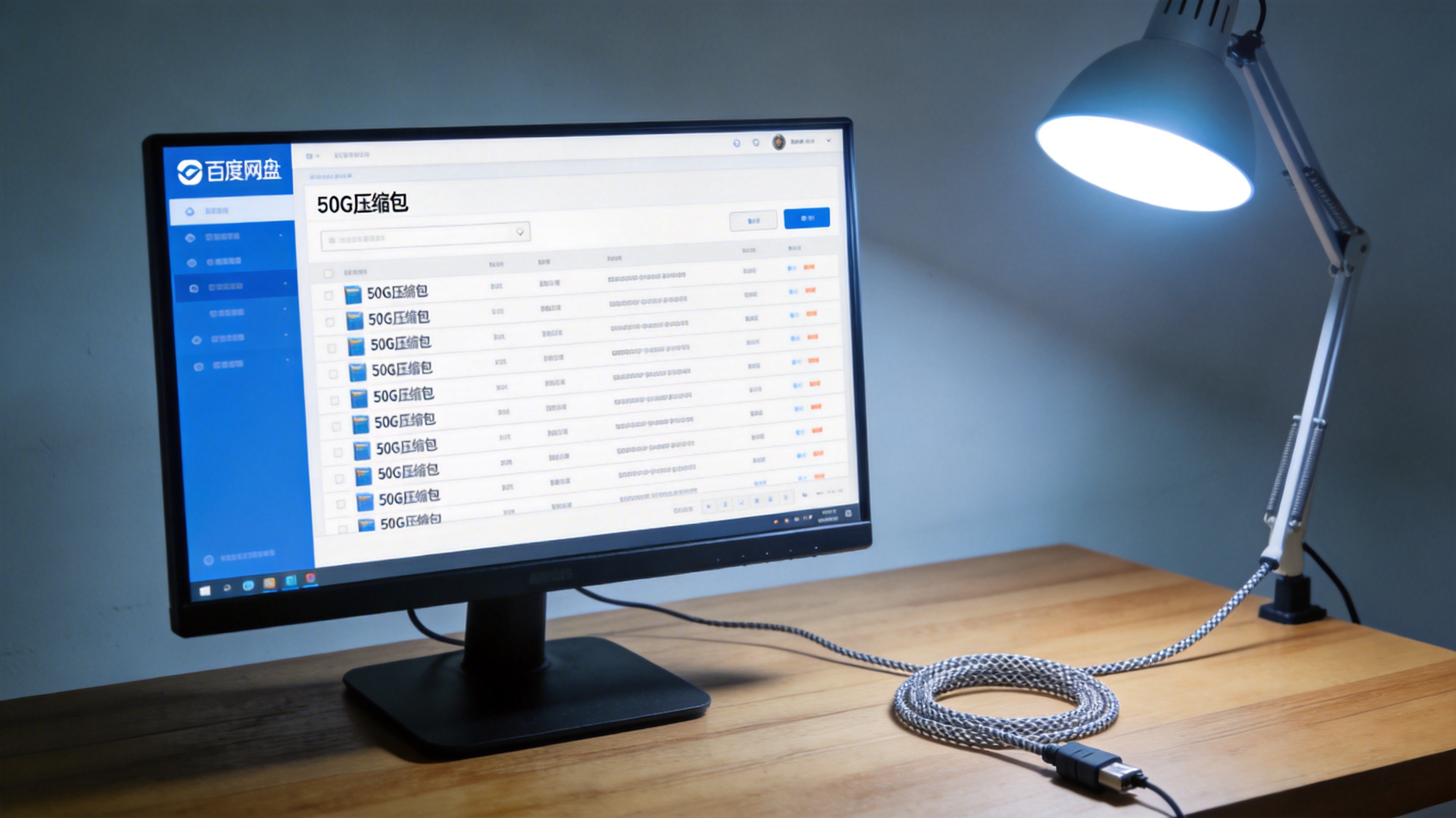 台式机屏幕显示百度网盘下载界面，文件列表里有50G大小的压缩包，旁边放着有线网线，台灯冷白光