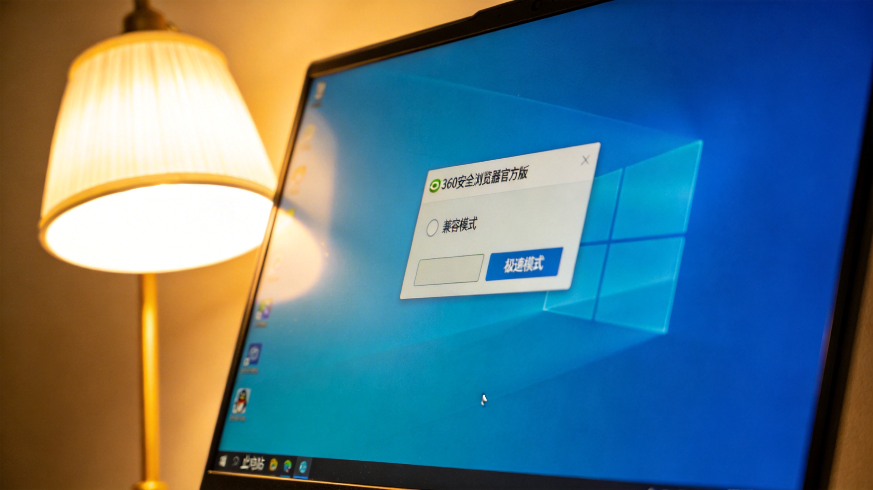 电脑屏幕显示360安全浏览器官方版的兼容模式切换窗口，桌面背景是默认壁纸，台灯暖光