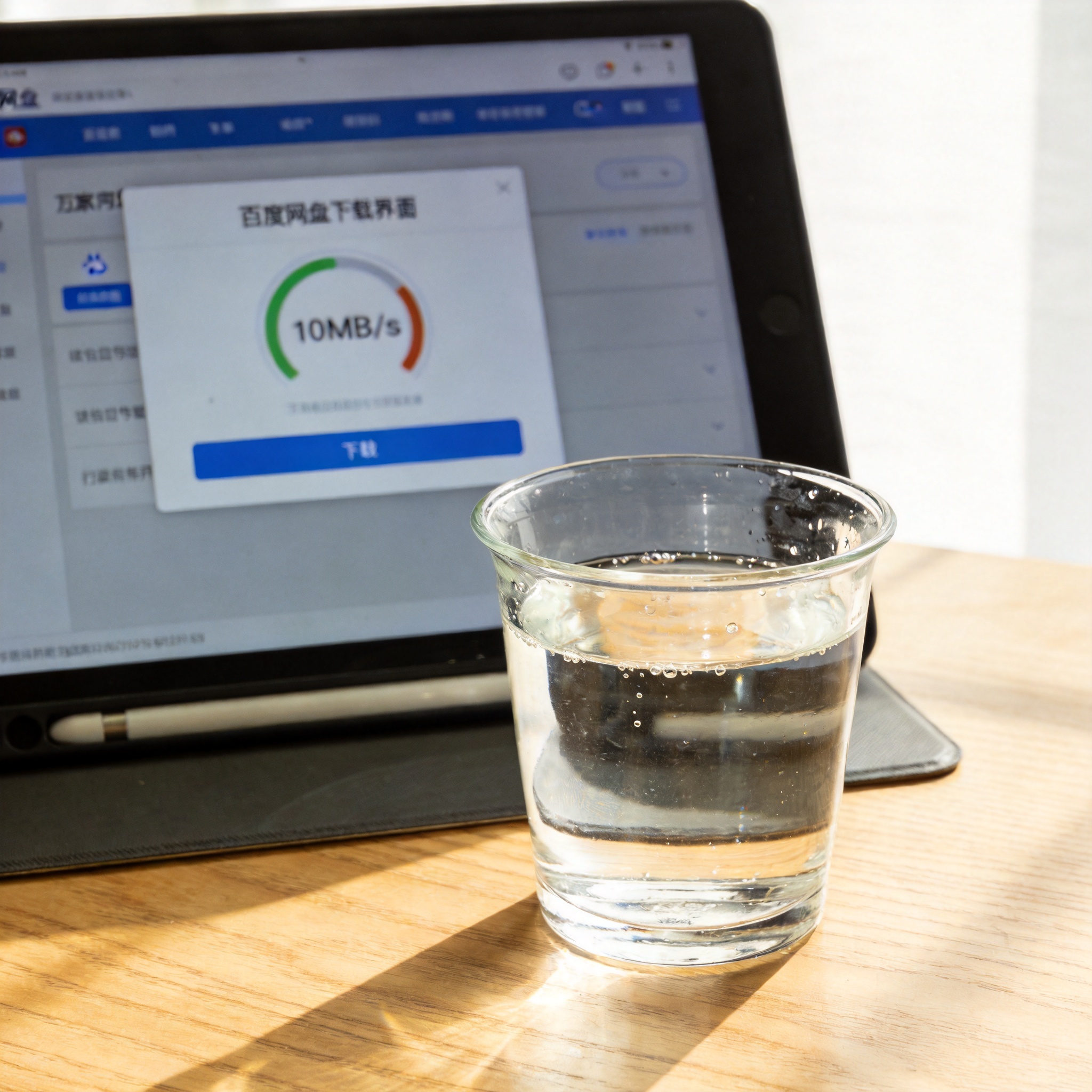 电脑桌的电脑屏幕显示百度网盘下载界面，下载速度显示10MB/s，桌面放着半杯凉白开，室内自然光