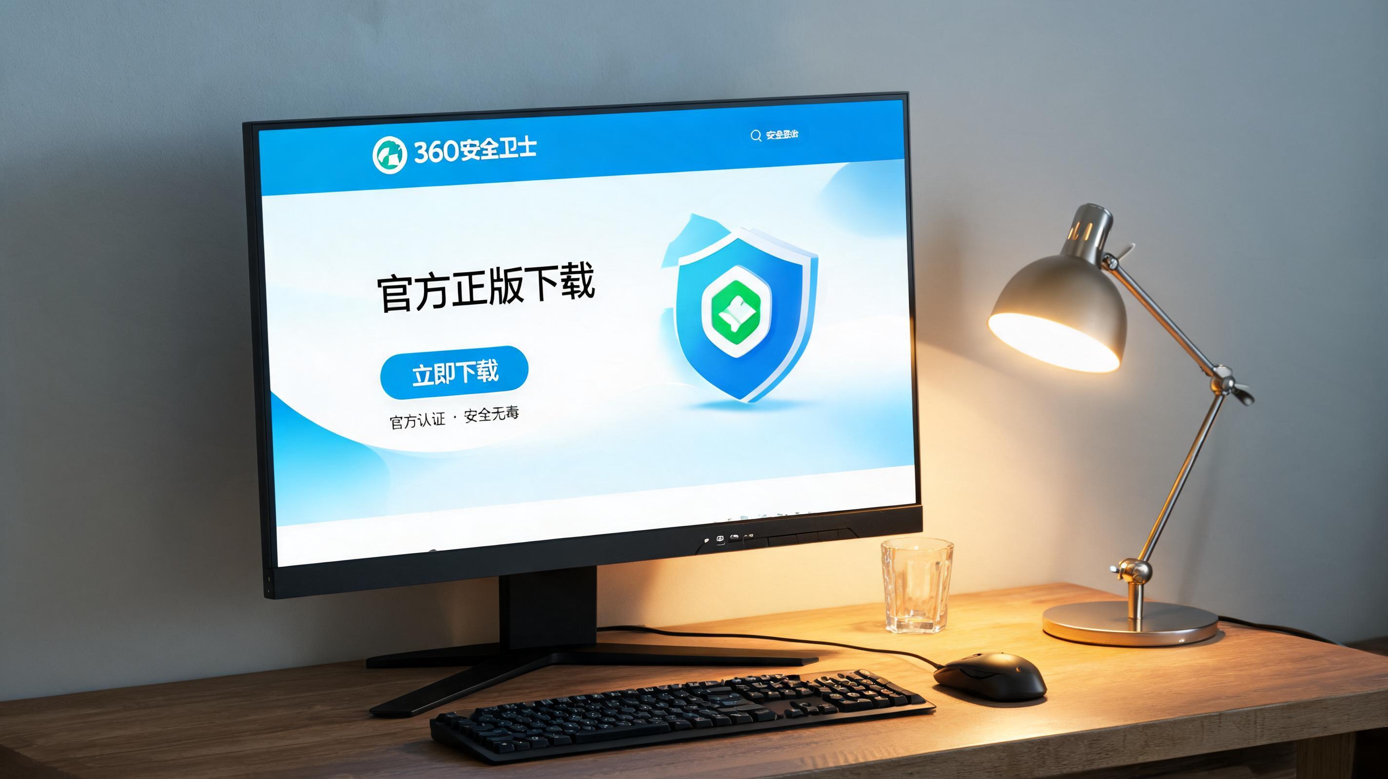 电脑桌上的电脑，屏幕显示360 官方安全卫士下载分区，旁边放着台灯