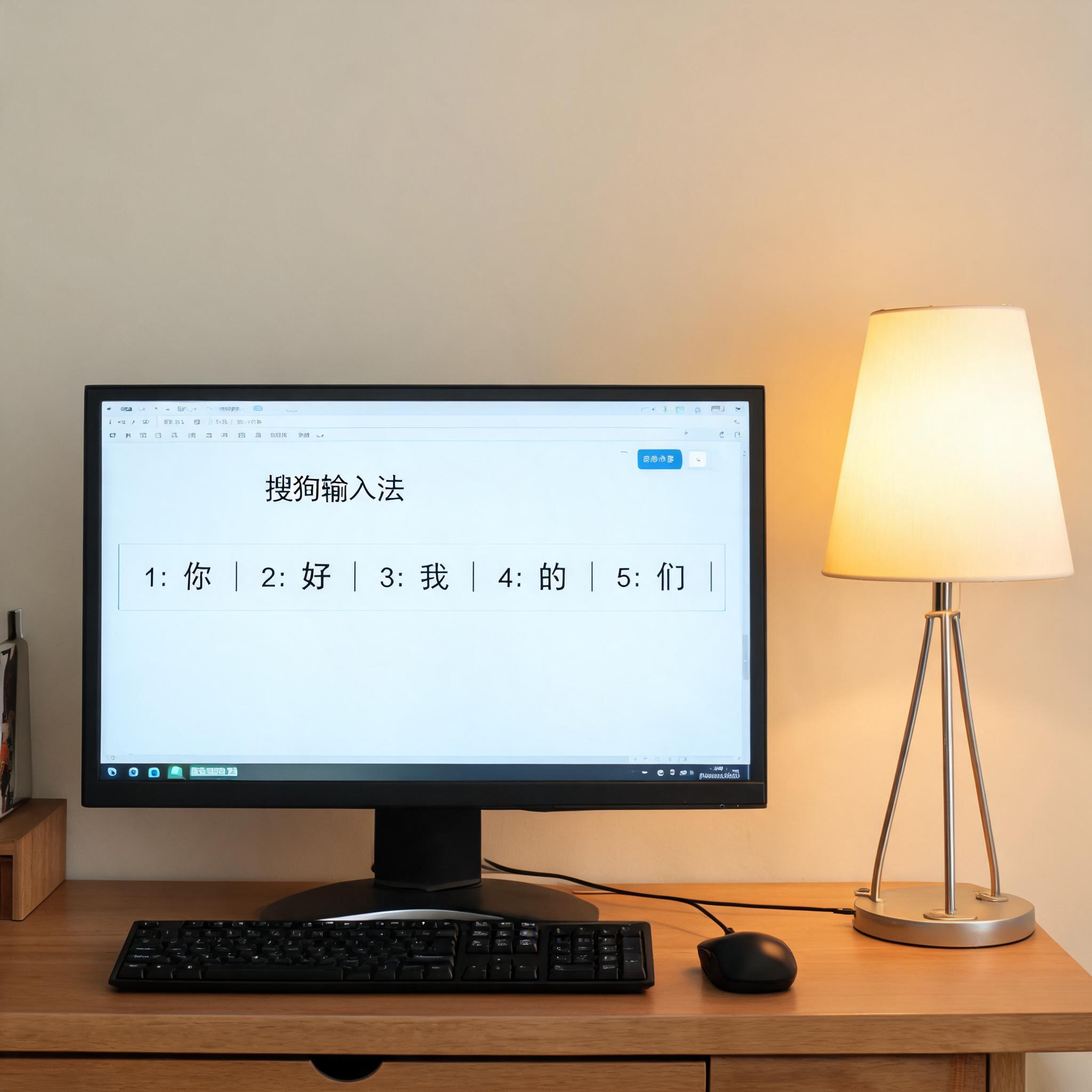 电脑桌上的电脑，屏幕显示输入法界面，旁边放着台灯