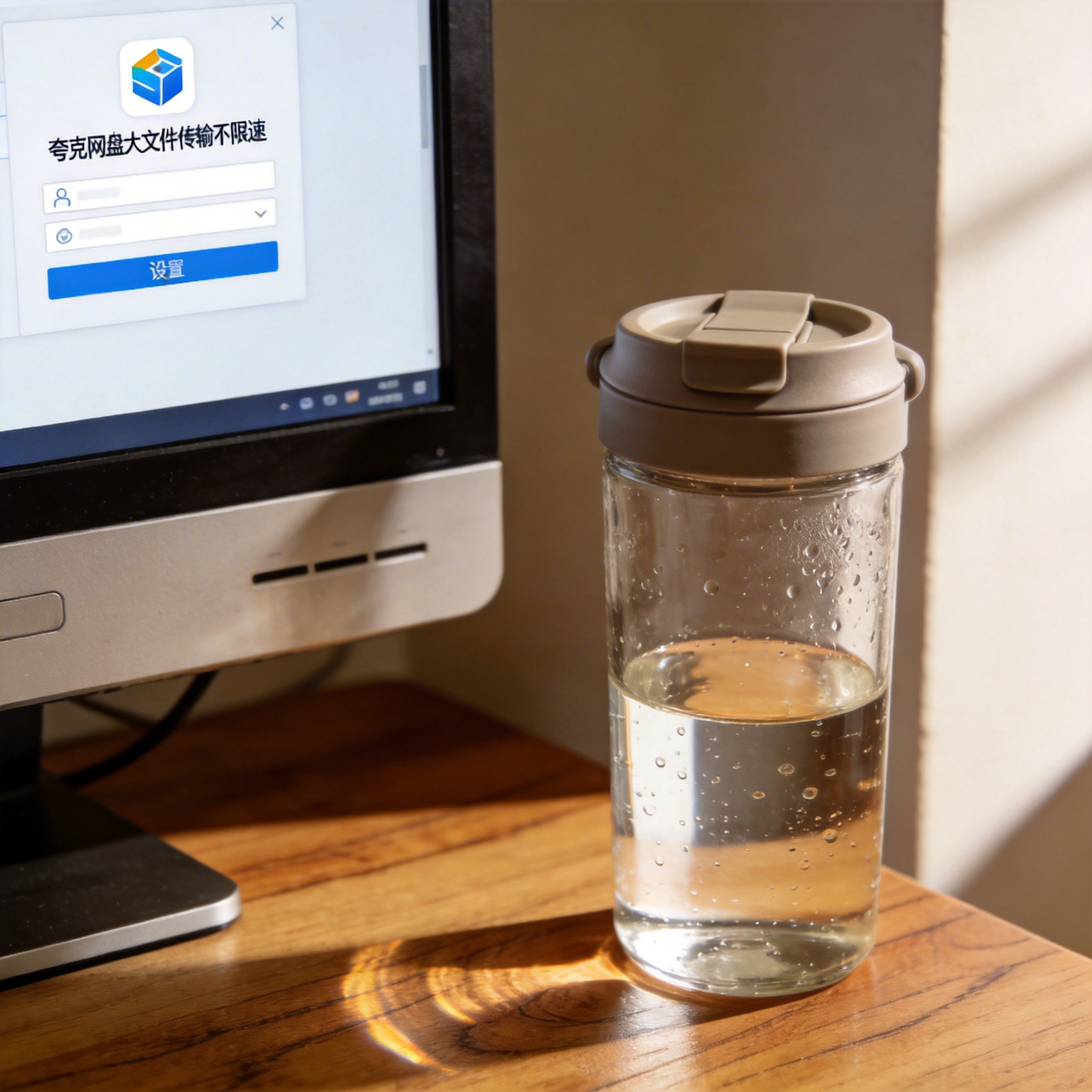 书桌上的主机，屏幕显示夸克网盘大文件传输不限速设置界面，桌角放着水杯，自然光