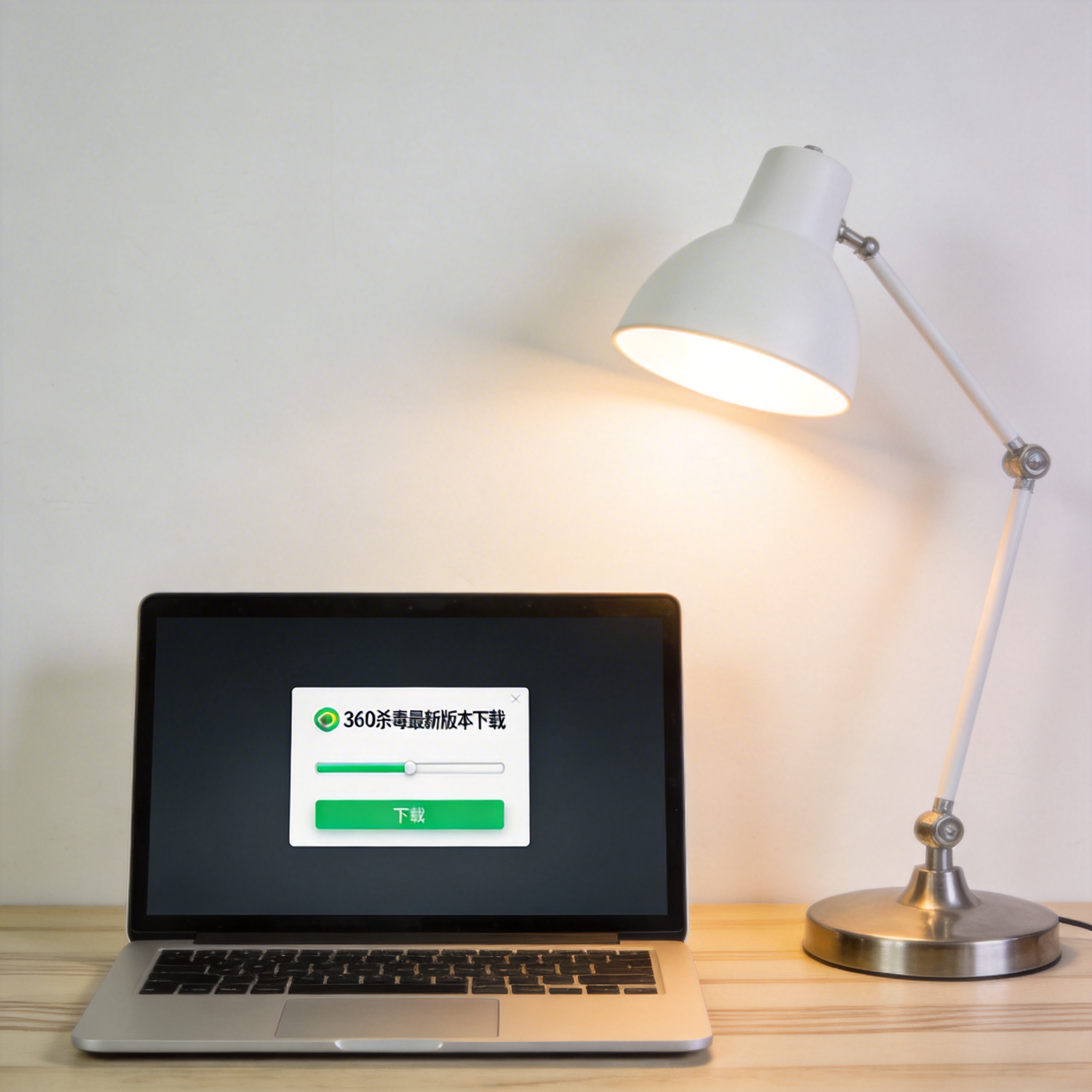电脑桌上的电脑，屏幕显示360 杀毒最新版本下载界面，旁边放着台灯