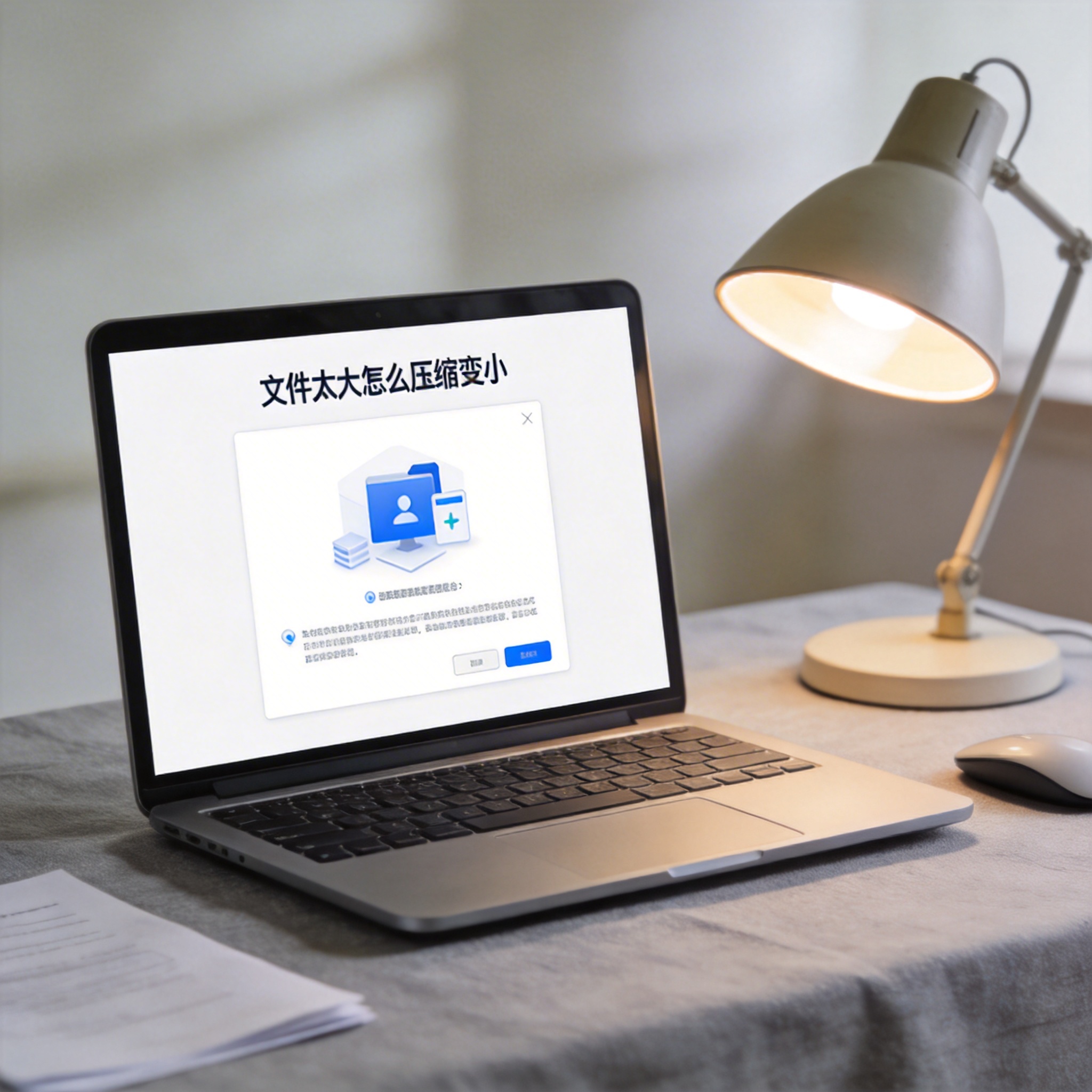 电脑桌上的电脑，屏幕显示文件太大怎么压缩变小界面，旁边放着台灯